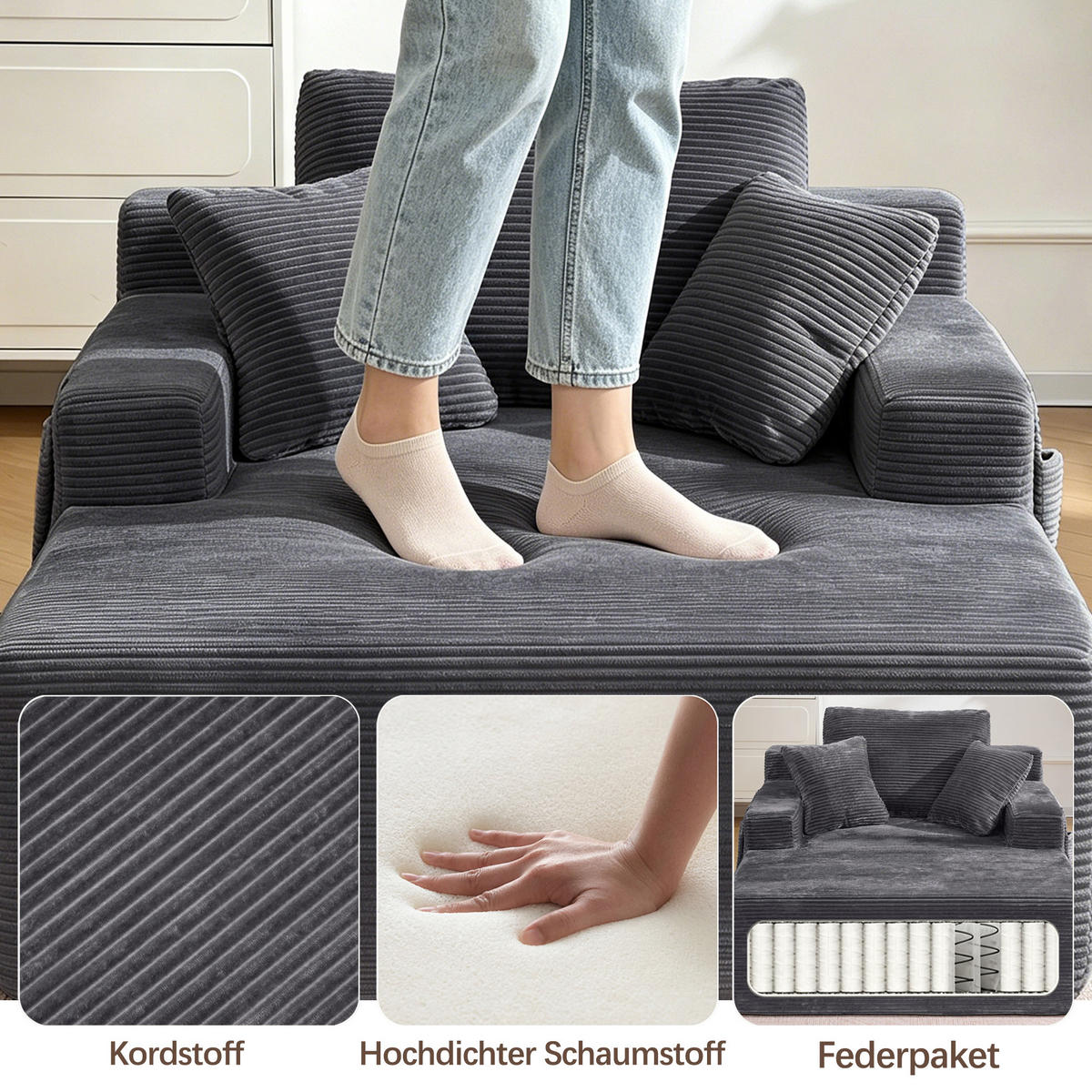 SCHLAFSOFA aus Cord mit Seitentaschen, weichen Kissen und Federkern - Dunkelgrau, Textil (110/150/70cm) - EVRYAE