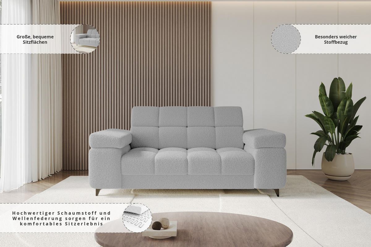 SOFA 2-Sitzer LORD-S1 194x97x90 cm Hellgrau Bouclé - Hellgrau, Holzwerkstoff/Textil (194/90/97cm) - ALTDECOR