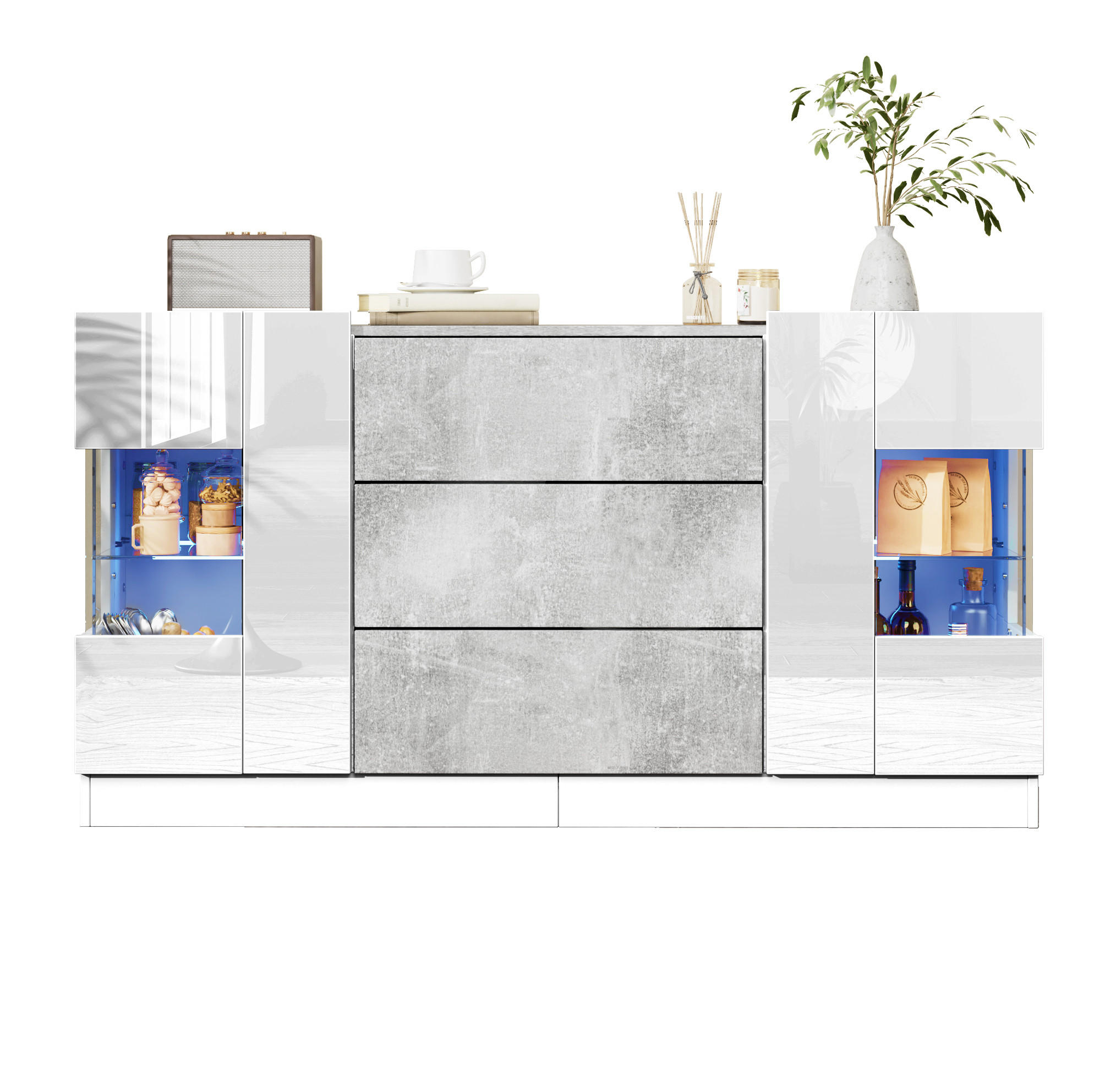 OKWISH BOČNÍ skříň 140/35/75 cm bílá s šedým mramorovým dekorem z MDF a skla s LED osvětlením