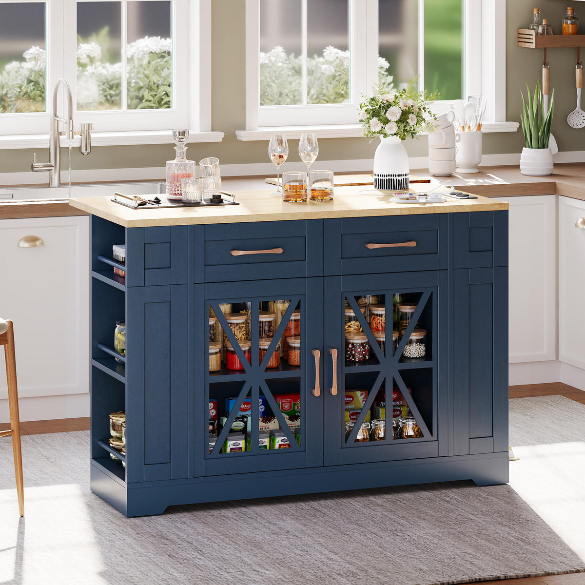 KÜCHENINSEL 120/40(65)/92 cm Blau mit Klappbarem Esstisch, 2 Steckdosen, USB, 2 Schubladen und Offenen Regalen - Blau, Holz/Holzwerkstoff (65/92/120cm) - Oxeza