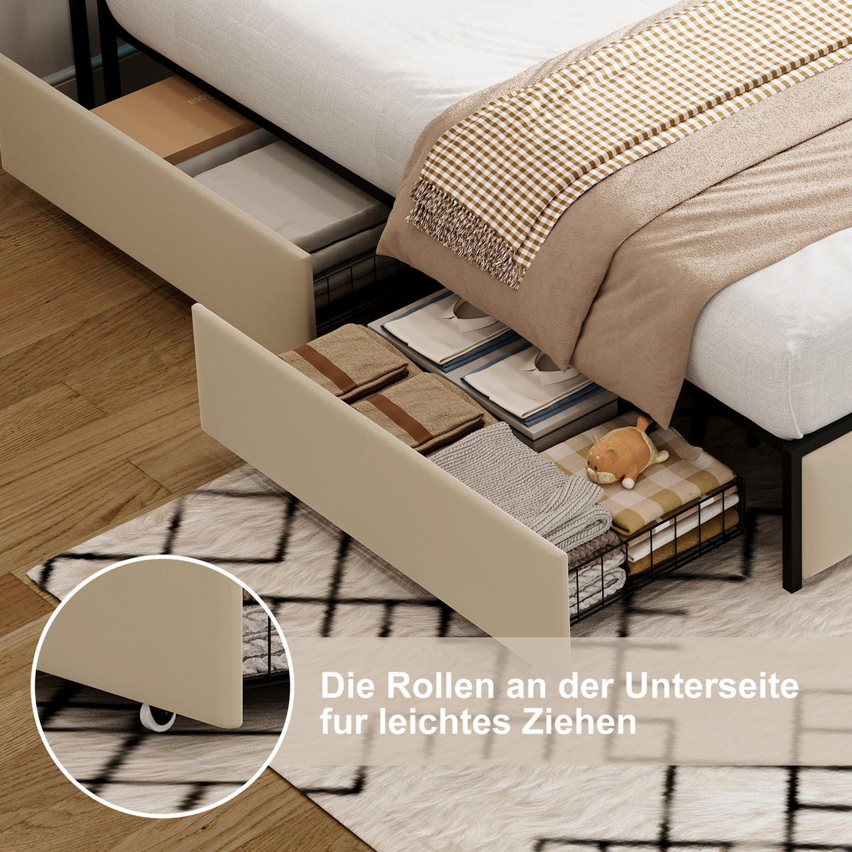 POLSTERBETT 140x200, jugendbett mit 4 Schubladen, LED, USB, Kopfteil, Lattenrost, samt, beige - Beige, Holzwerkstoff/Textil (140/200cm) - GENKI LIVING