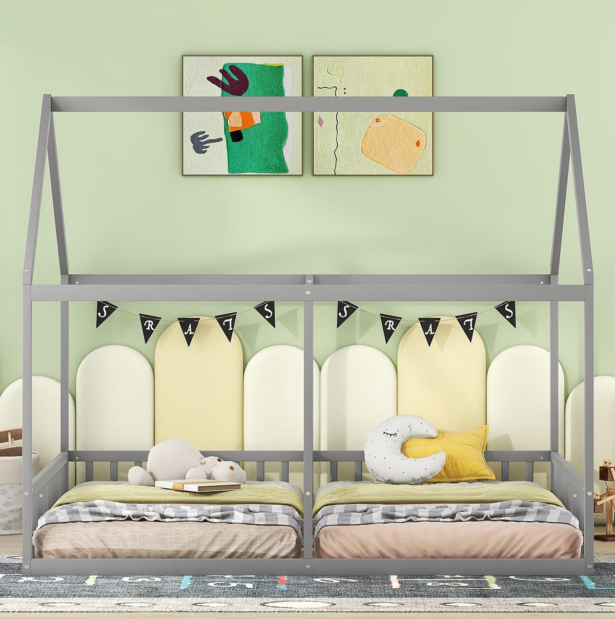 KINDERBETT aus Kiefer 204x187x168 cm Grau 2-in-1 Hausbett mit Schutzgitter - Grau, Holz (90/200cm) - Modfu