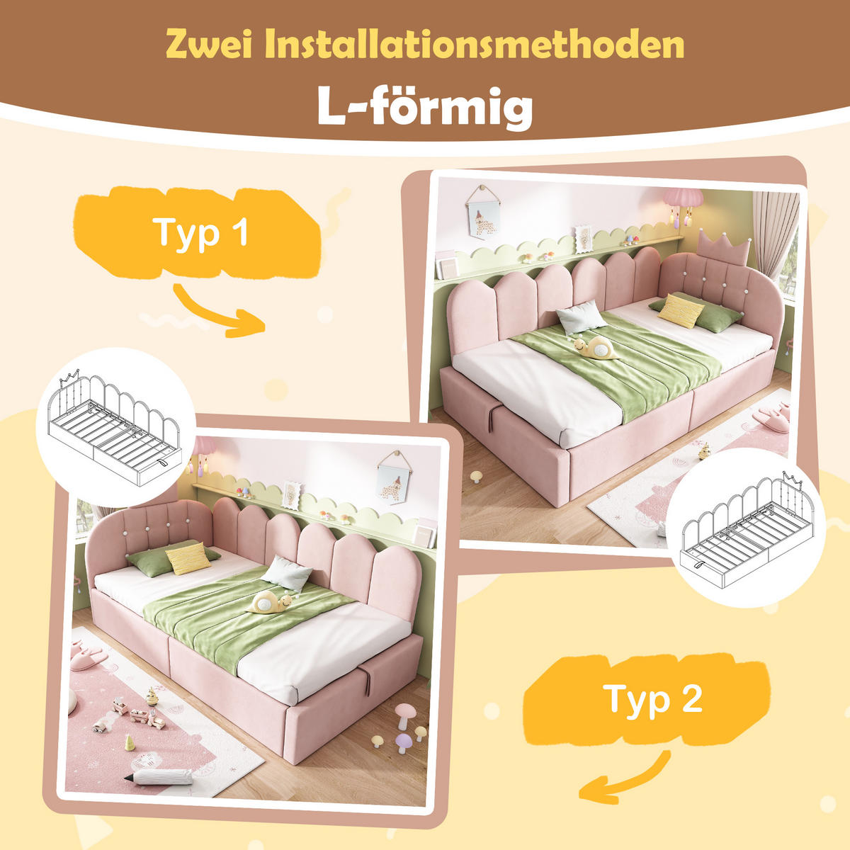 POLSTERBETT 90/190 cm aus Samt mit hydraulischem Stauraum und Kronen-Gitter-Design, Rosa - Rosa, Textil (90/190cm) - Redom