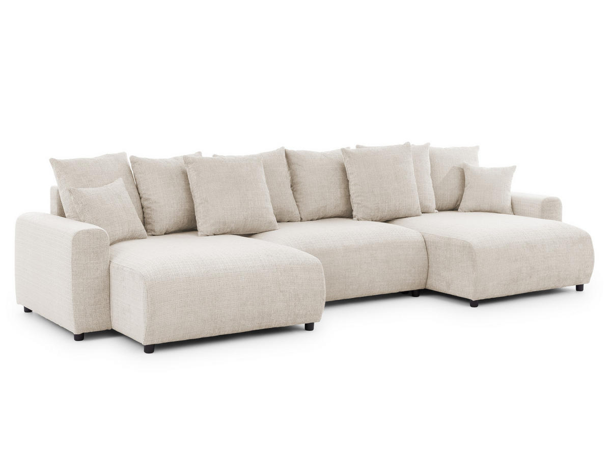 WOHNLANDSCHAFT Calma mit Schlaffunktion und Bettkasten im Bumpy-Design aus weichem Beige Chenille-Stoff - Beige/Schwarz, Holz/Kunststoff (336/88/140cm) - S-Style Möbel