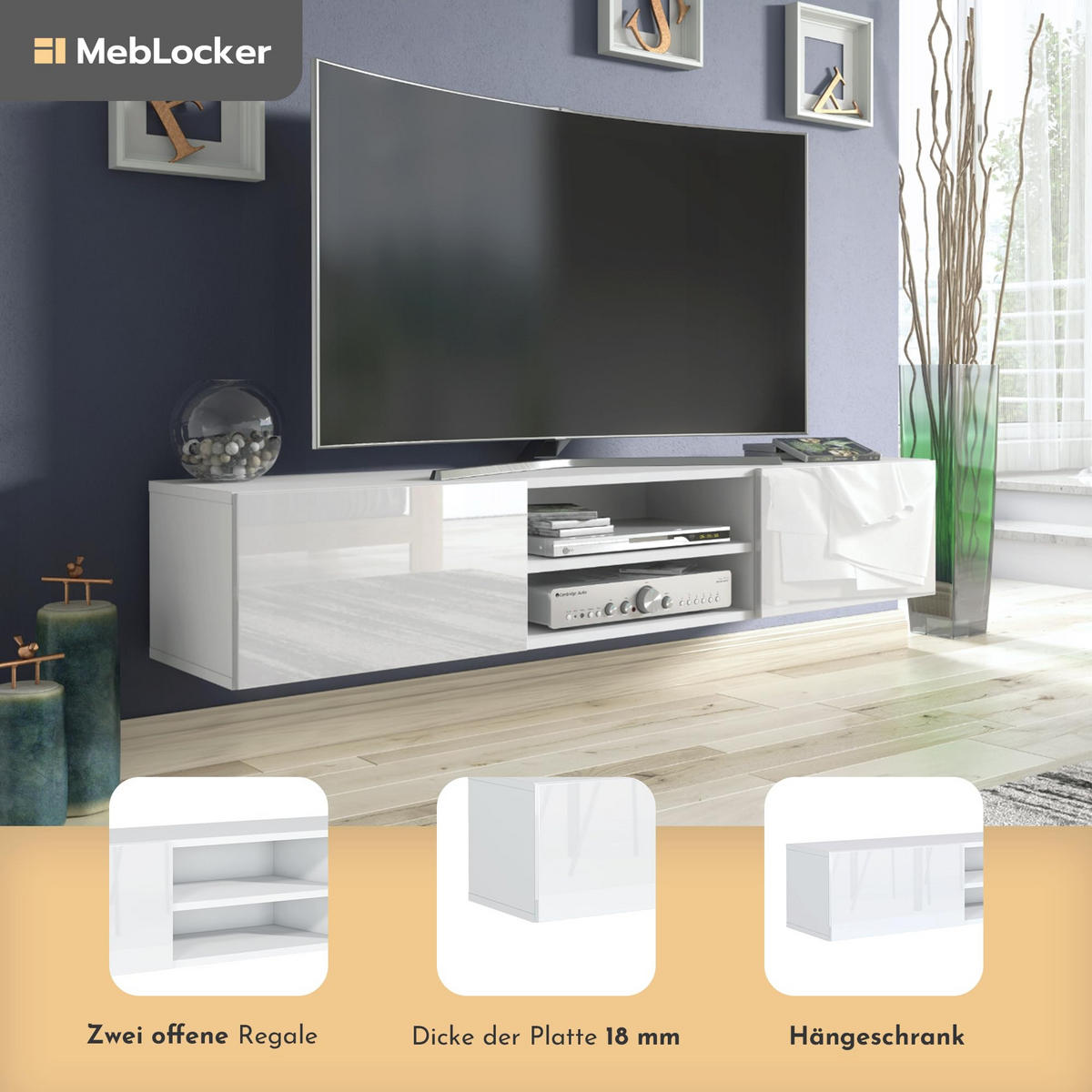 TV Schrank Weiß mit HochglanzFronte 120 x 30 x 35cm Wohnzimmer Möbel - Weiß Hochglanz, Holzwerkstoff (120/30/35cm) - MebLocker