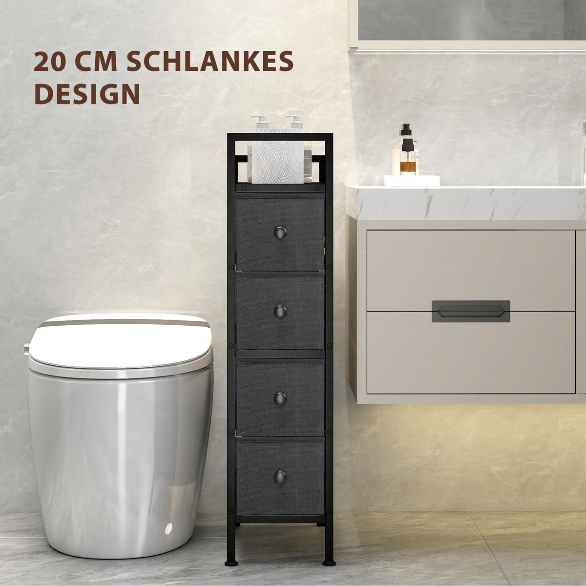 KOMMODE Schrank mit 4 Schubladen aus Vliesstoff Schmal Aufbewahrungsschrank - Schwarz, Kunststoff/Textil (43/81.5/20cm) - HOMCOM