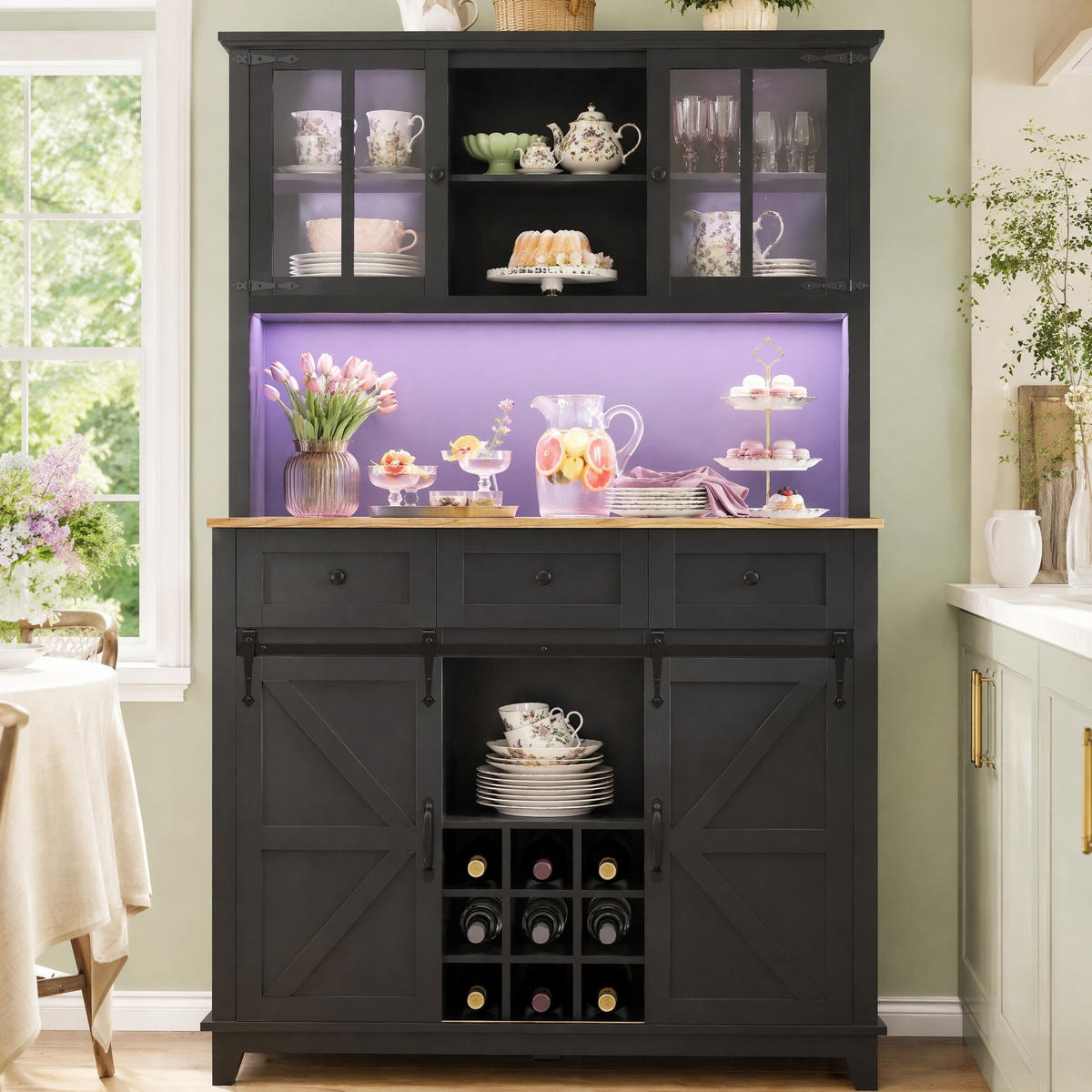 KÜCHENSCHRANK in Schwarz mit LED,verstellbaren Ablagen und Schubladen für Wohnzimmer,B105/T38.4/H180cm - Transparent/Schwarz, Glas/Holzwerkstoff (105/180/40cm) - STILVORA