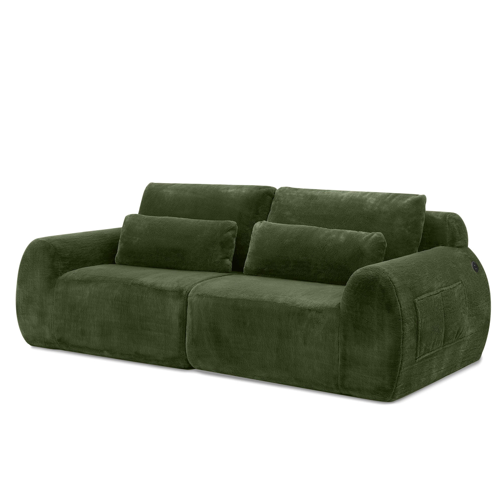 2MÍSTNÁ POHOVKA v zelené barvě z umělé kožešiny s USB portem a kapsou na časopisy - zelená barva, textil (101/81/208cm) - Urban Meuble