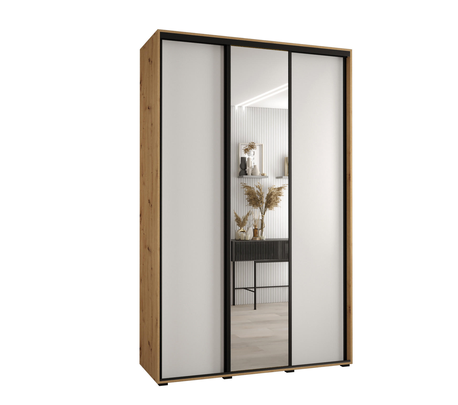 Abiks Möbel Schwebetürenschrank Eiche Artisan, Weiß, Schwarz 150x235x60 cm