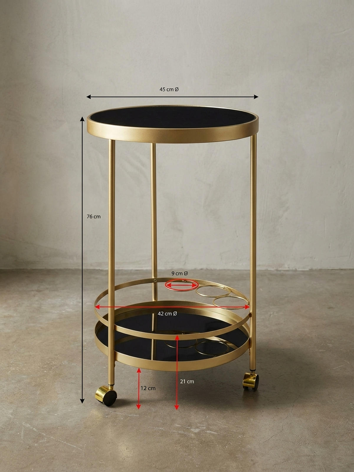 SERVIERWAGEN – Gold, Schwarzglas, auf Rollen - Goldfarben, Glas/Metall (45/76/45cm) - KADIMA DESIGN