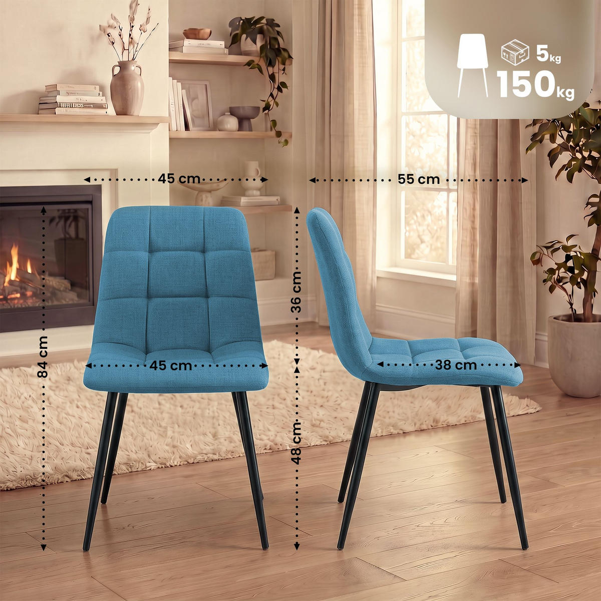STUHL 2 Stoff Hellblau - Schwarz/Hellblau, Textil/Metall (45/84/55cm) - CLP