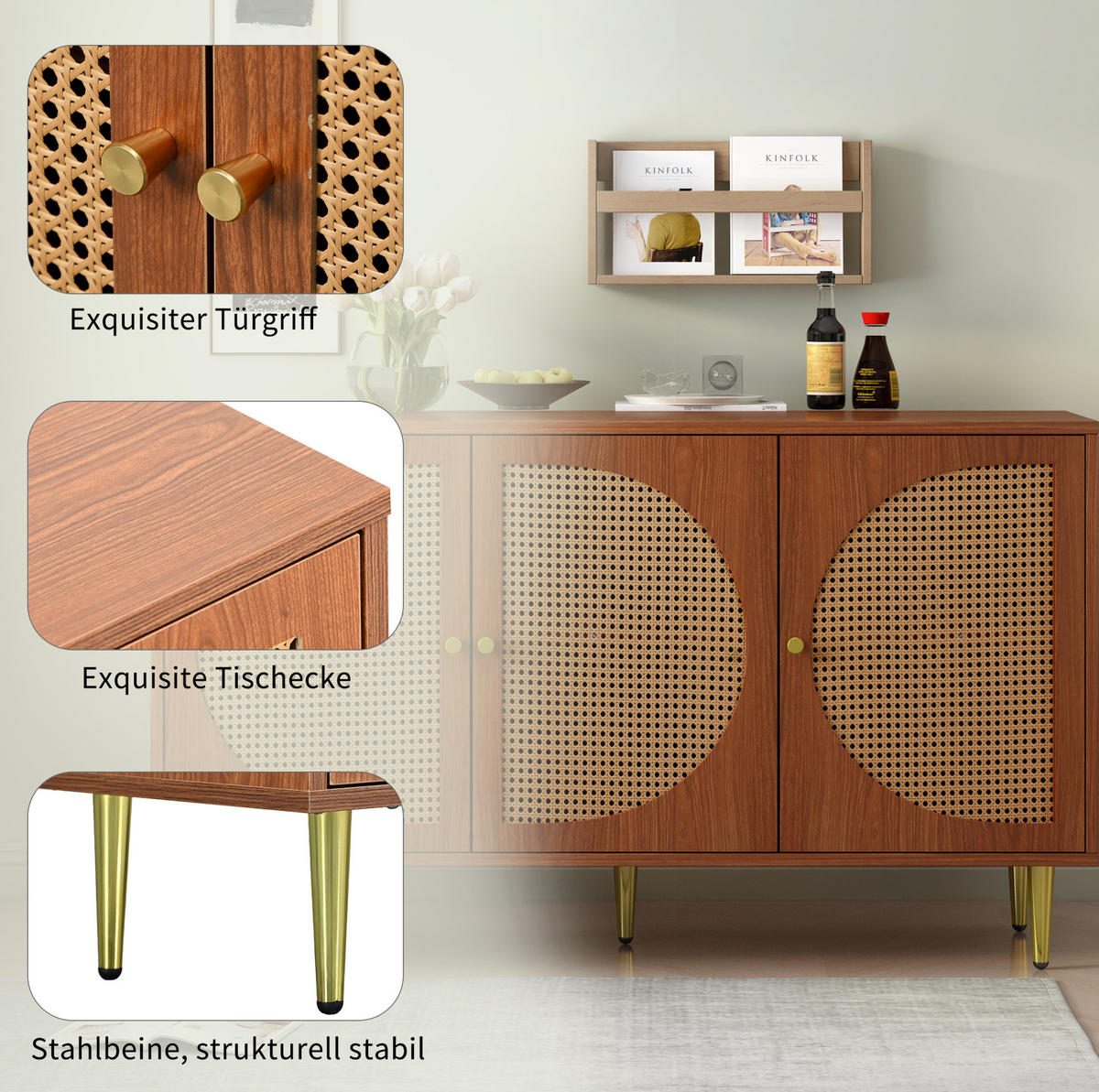 SIDEBOARD aus Spanplatte 129,8x40x76 cm Walnuss mit 3 Türen, verstellbaren Einlegeböden und Rattan-Optik - Walnussfarben, Holzwerkstoff (129.8/76/40cm) - Modfu