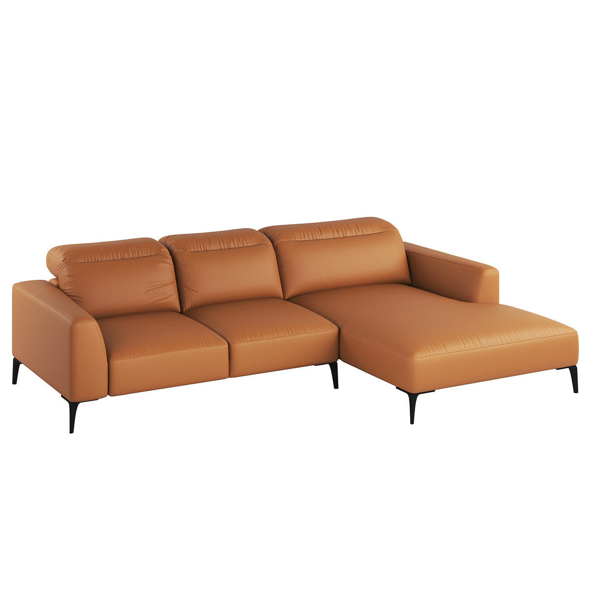 ECKSOFA mit Longchair - Cognac/Schwarz, Leder/Metall (265/180cm) - home24