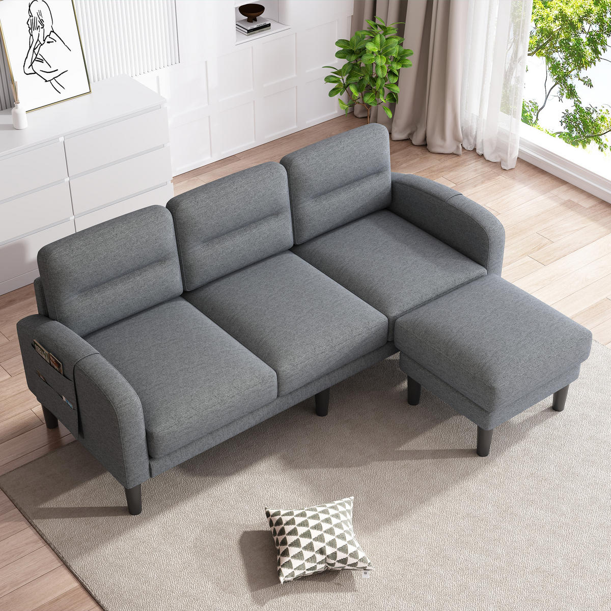 ECKSOFA 204/136/80 cm Grau mit Chaiselongue und Aufbewahrungstasche - Grau, Textil (204/136cm) - Oxeza
