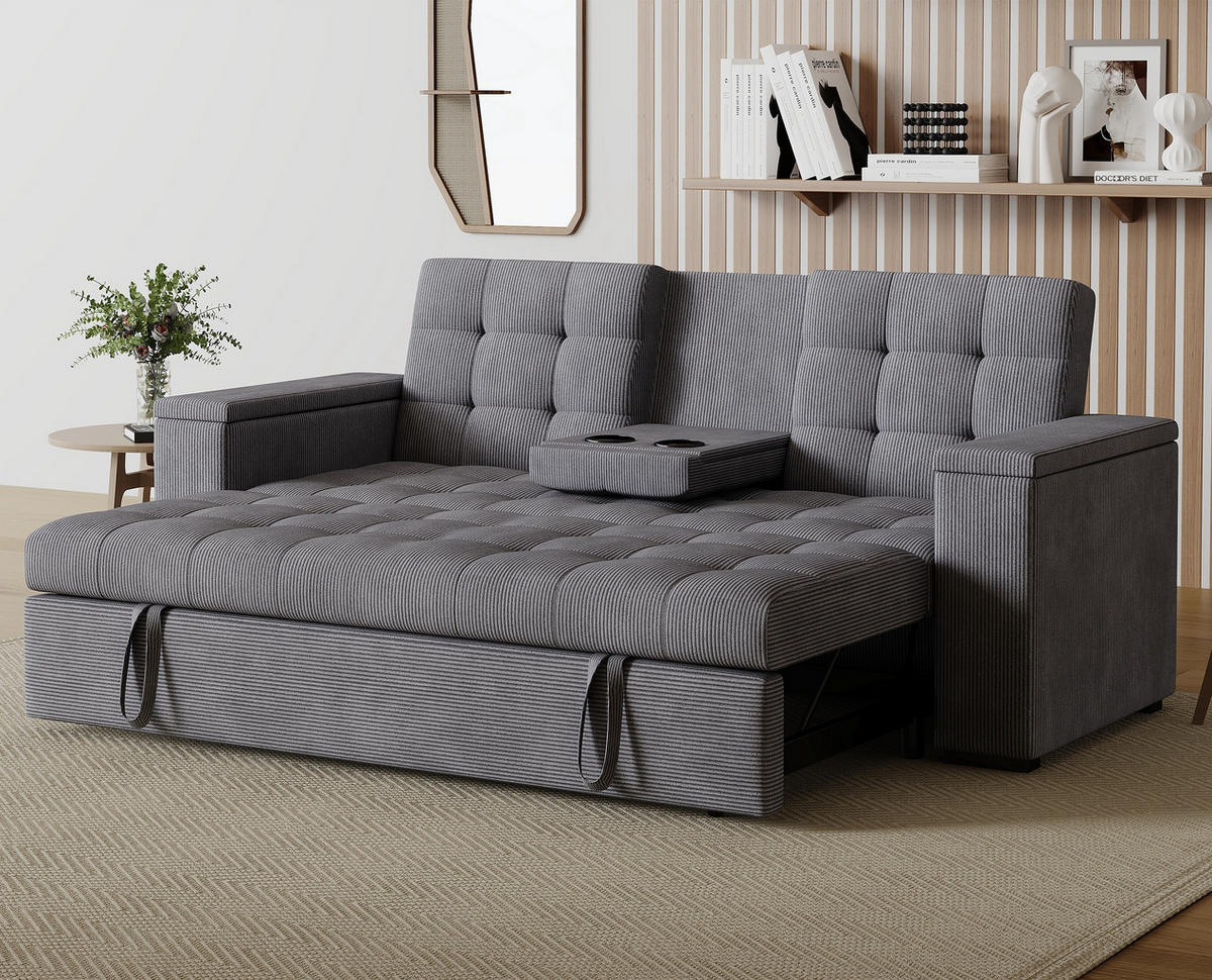 SCHLAFSOFA noho grau 3-sitzer cord - Grau, Holz (208/84/102cm) - Concept Usine
