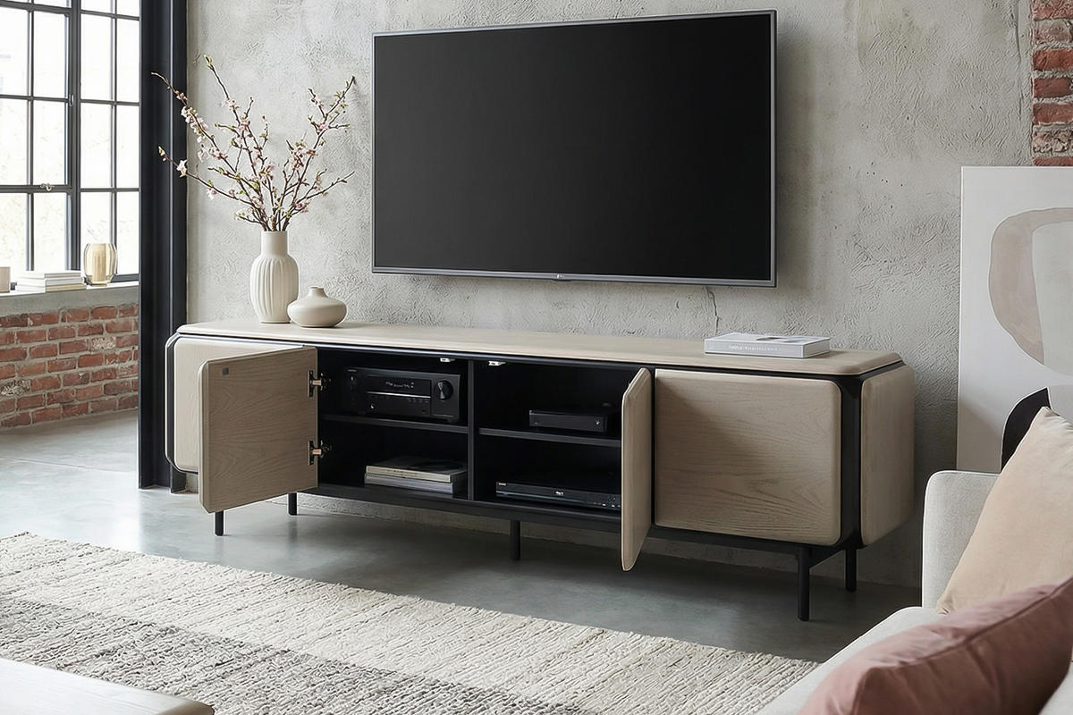 LOWBOARD AVRIL Grau Eiche - Schwarz/Grau, Holzwerkstoff/Metall (200/56/40cm) - KAWOLA