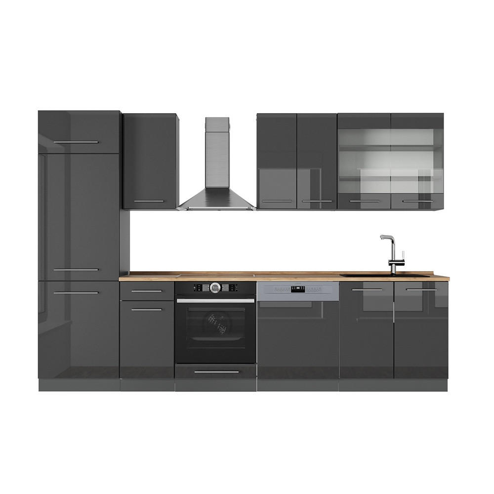 KUHINJA Fame-Line Antracit z visokim sijajem 300 cm , DP Hrast - črna/visok sijaj, leseni material (300/81.6/60cm) - Vicco