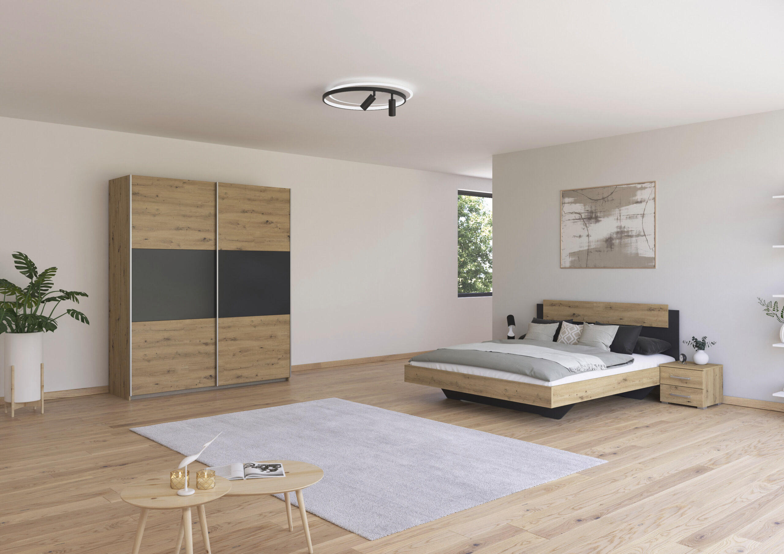 SCHLAFZIMMER Borba in Eiche und Grau 4 teilig – mit Bettanlage 160x200cm, zwei Nachttisch und Schwebetürenschrank 175cm Breite - Braun, Holzwerkstoff (80/200/120cm)