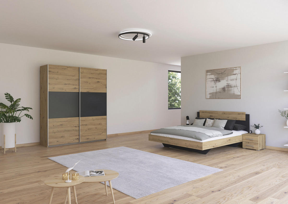 SCHLAFZIMMER Borba in Eiche und Grau 4 teilig – mit Bettanlage 160x200cm, zwei Nachttisch und Schwebetürenschrank 175cm Breite - Braun, Holzwerkstoff (80/200/120cm)