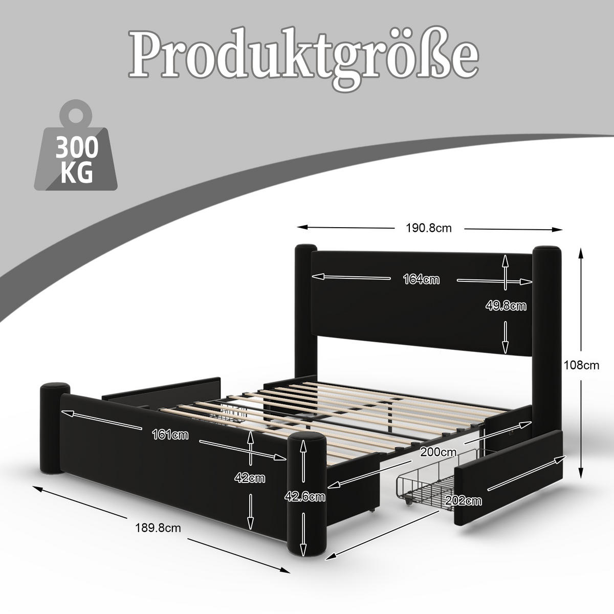 POLSTERBETT 140/200 cm Schwarz mit 2 Stauraumschubladen und USB-Ports - Schwarz, Textil (140/200cm) - OKWISH