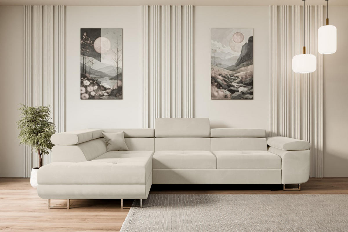 ECKSOFA mit Schlaffunktion und Bettkasten GUSA-L 272x202x107 cm Beige Velours - Beige/Silberfarben, Holzwerkstoff/Textil (202/272cm) - ALTDECOR