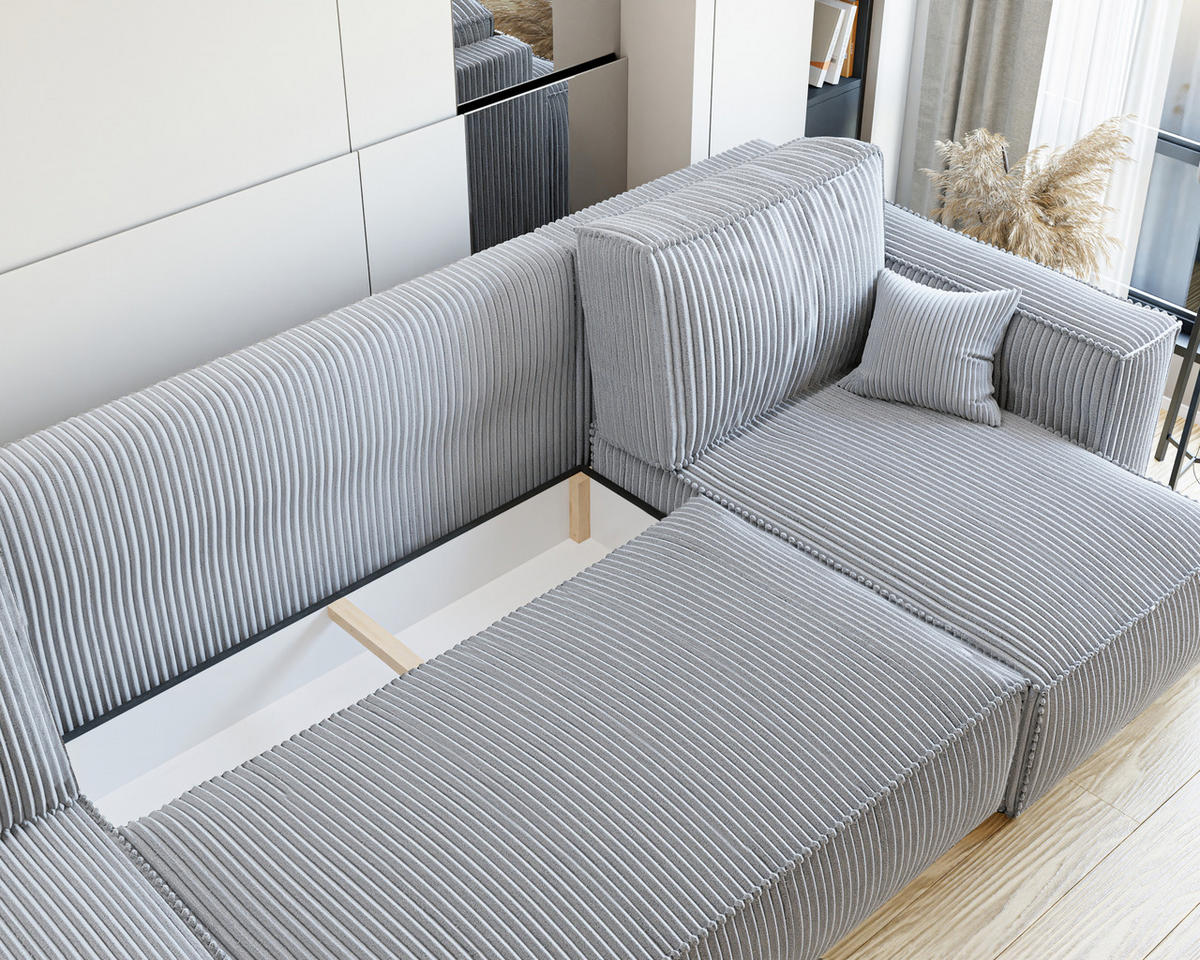 ECKSOFA mit Schlaffunktion und Bettkasten, Hellgrau - Hellgrau/Grau, Holzwerkstoff/Textil (312/145cm) - Idohome