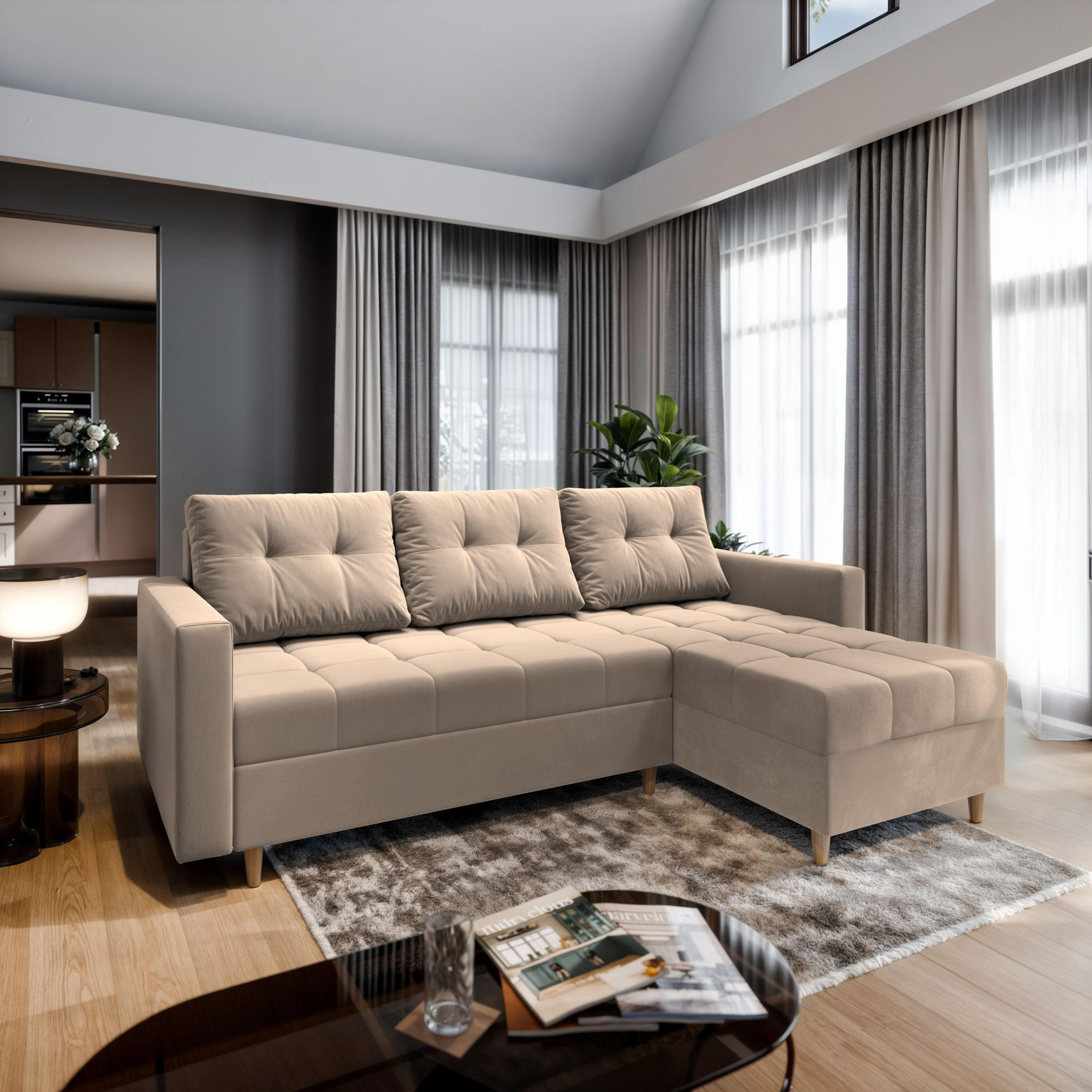 ECKSOFA MILO L Beige Plüsch-Stoff mit Schlaffunktion - Beige, Holz (220/140cm) - MASSENO