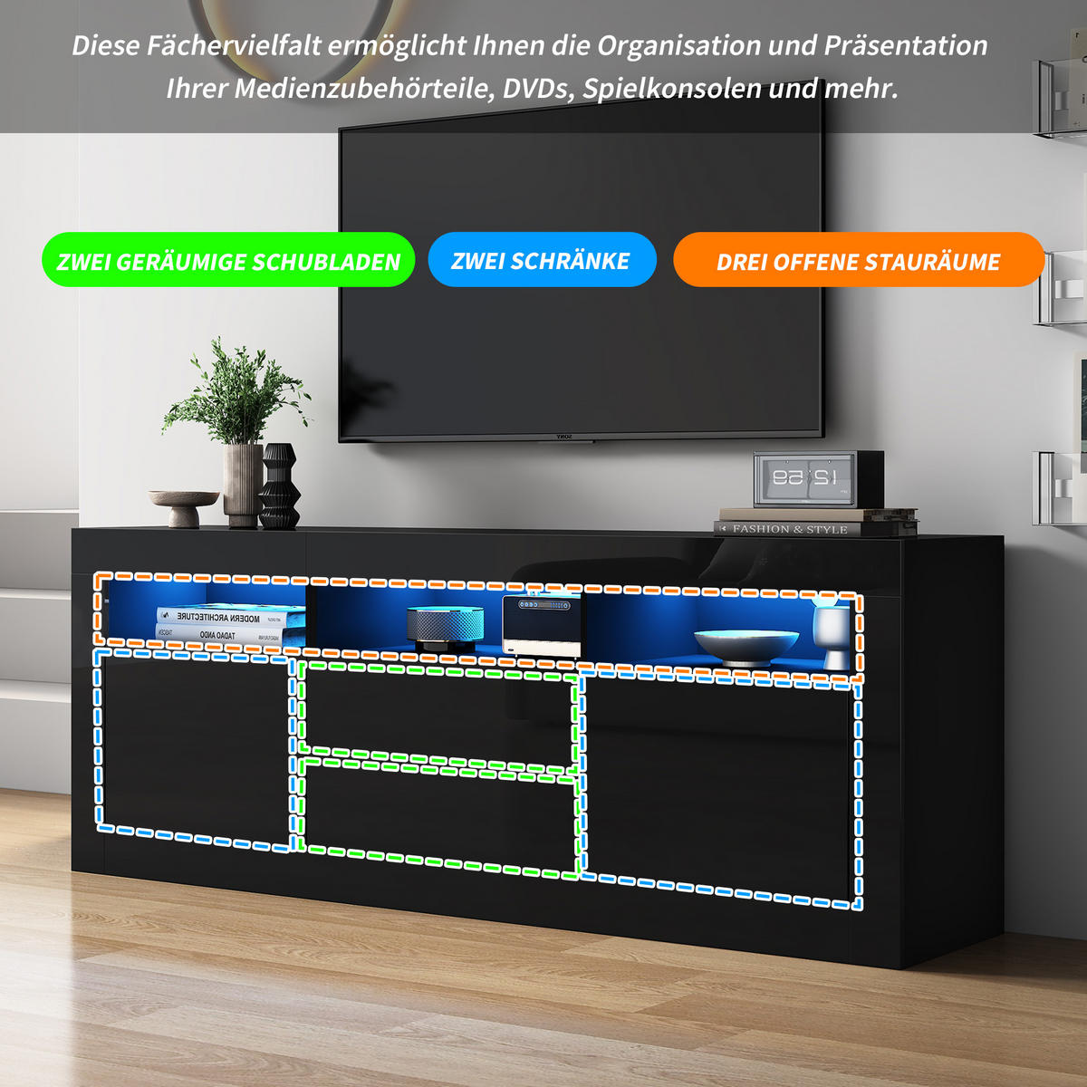 TV-LOWBOARD Led Schwarz 160/35/60 cm - Schwarz, Holz (160/60/35cm) - PANGIVO