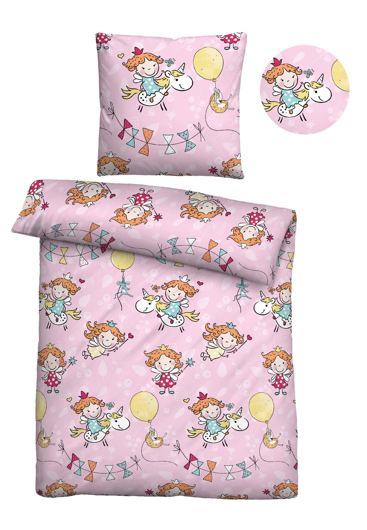 BETTWÄSCHE-GARNITUR Biber Einhorn rose, 135x200 cm + 80x80 cm - Rosa, Textil (135/200cm) - biberna