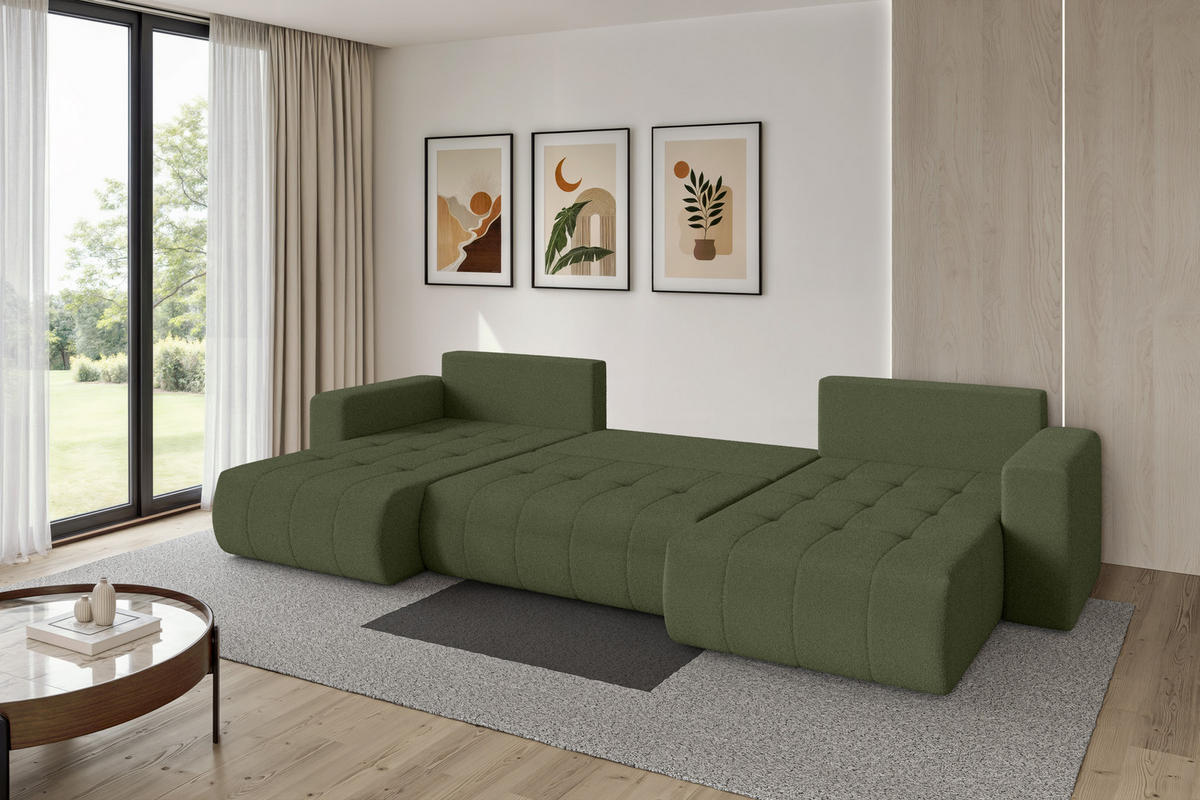 SEDACÍ SOUPRAVA DO U s funkcí spaní a úložným prostorem MILA-U 378x194x86 zelená bouclé - černá/zelená barva, kompozitní dřevo/textil (378/86/194cm) - ALTDECOR