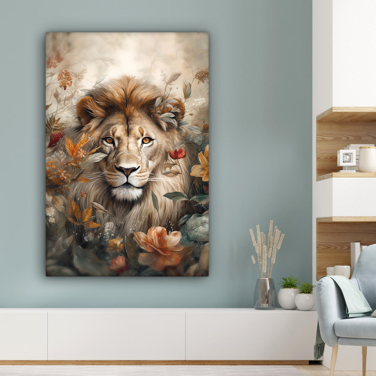 LEINWANDBILD Löwe - Wildtiere - Pflanzen - Natur - Blumen Deko XXL 80x120 cm - Beige, Textil (80/120cm) - MuchoWow