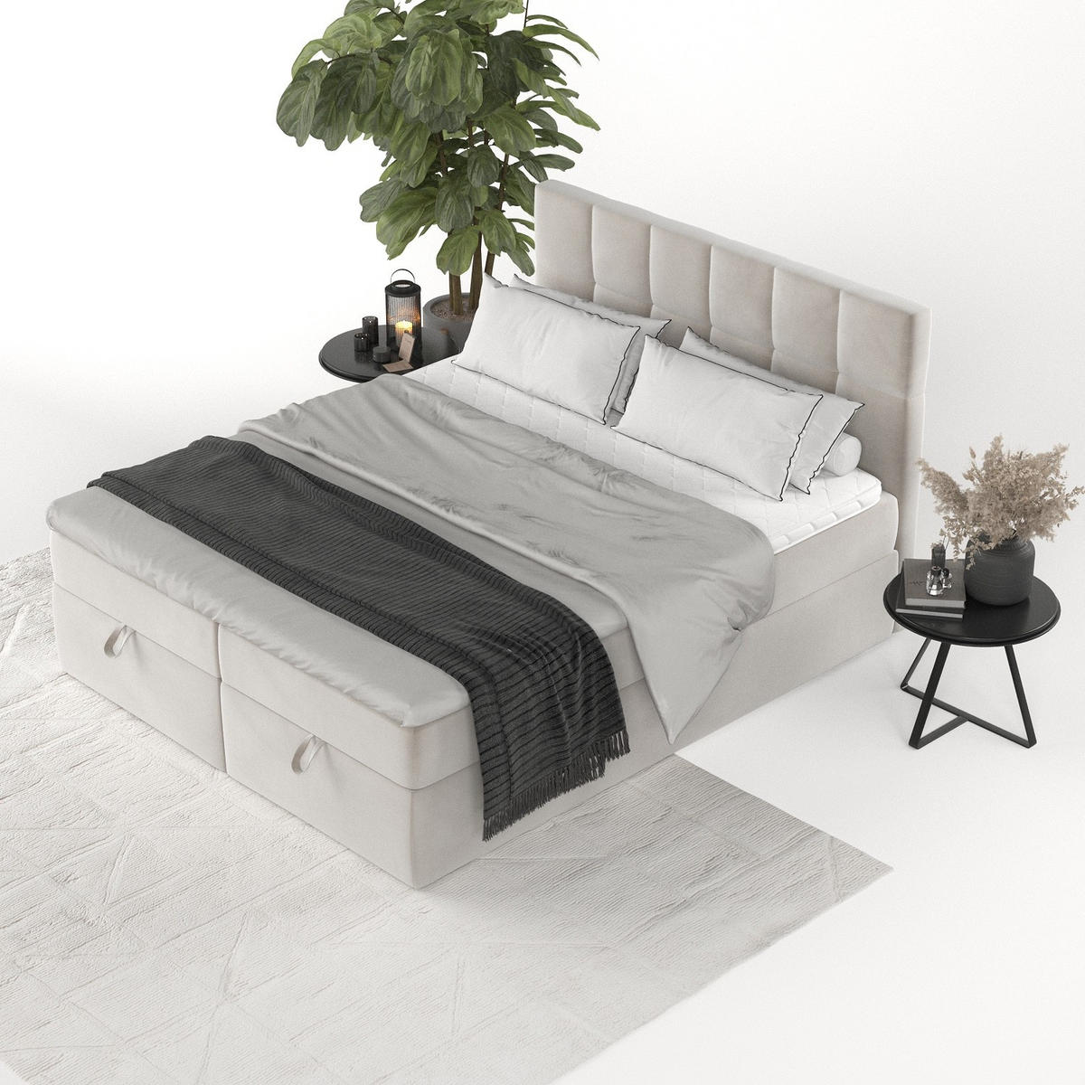 BOXBETT Savio 200/200 cm Hellbeige im Paros Stoff - Beige/Schwarz, Holz/Holzwerkstoff (200/200cm) - AltaBeds