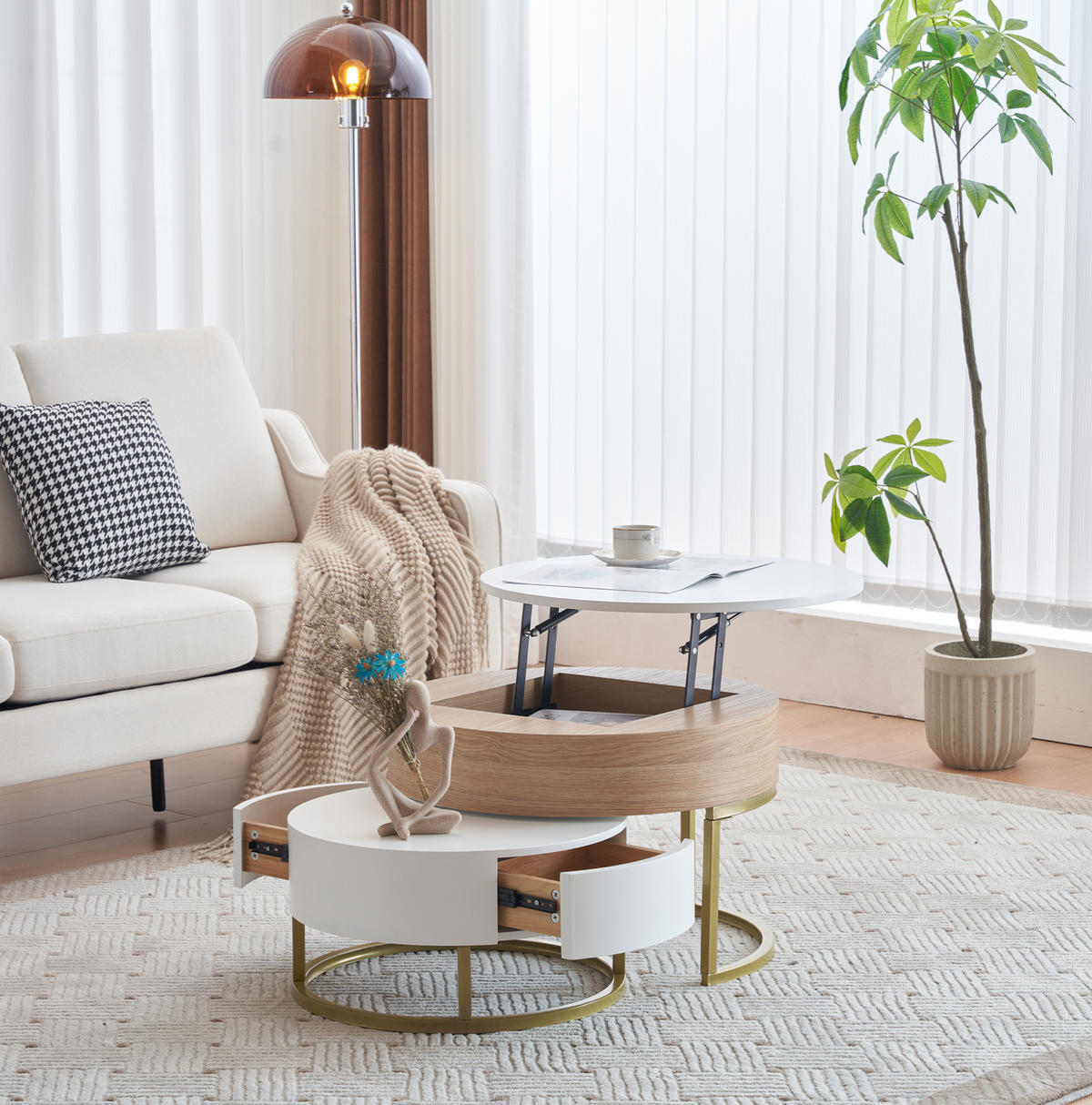 COUCHTISCH-SET 70/70/56 und 60/60/27 cm mit höhenverstellbarer Tischplatte und Schublade, Weiß/Gold - Weiß, Holzwerkstoff (70/70/56.5cm) - Redom