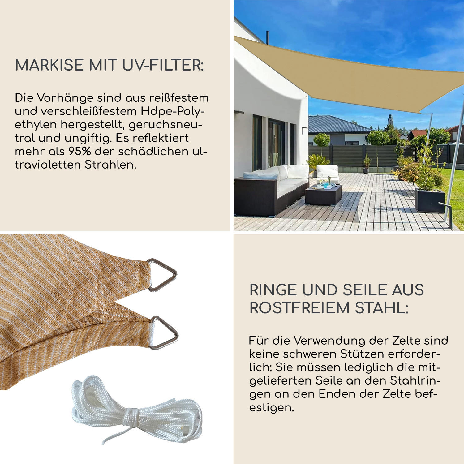 SONNENSEGEL Beige 500/500/1 cm - Beige, Kunststoff (500/500cm) - Mobili Rebecca