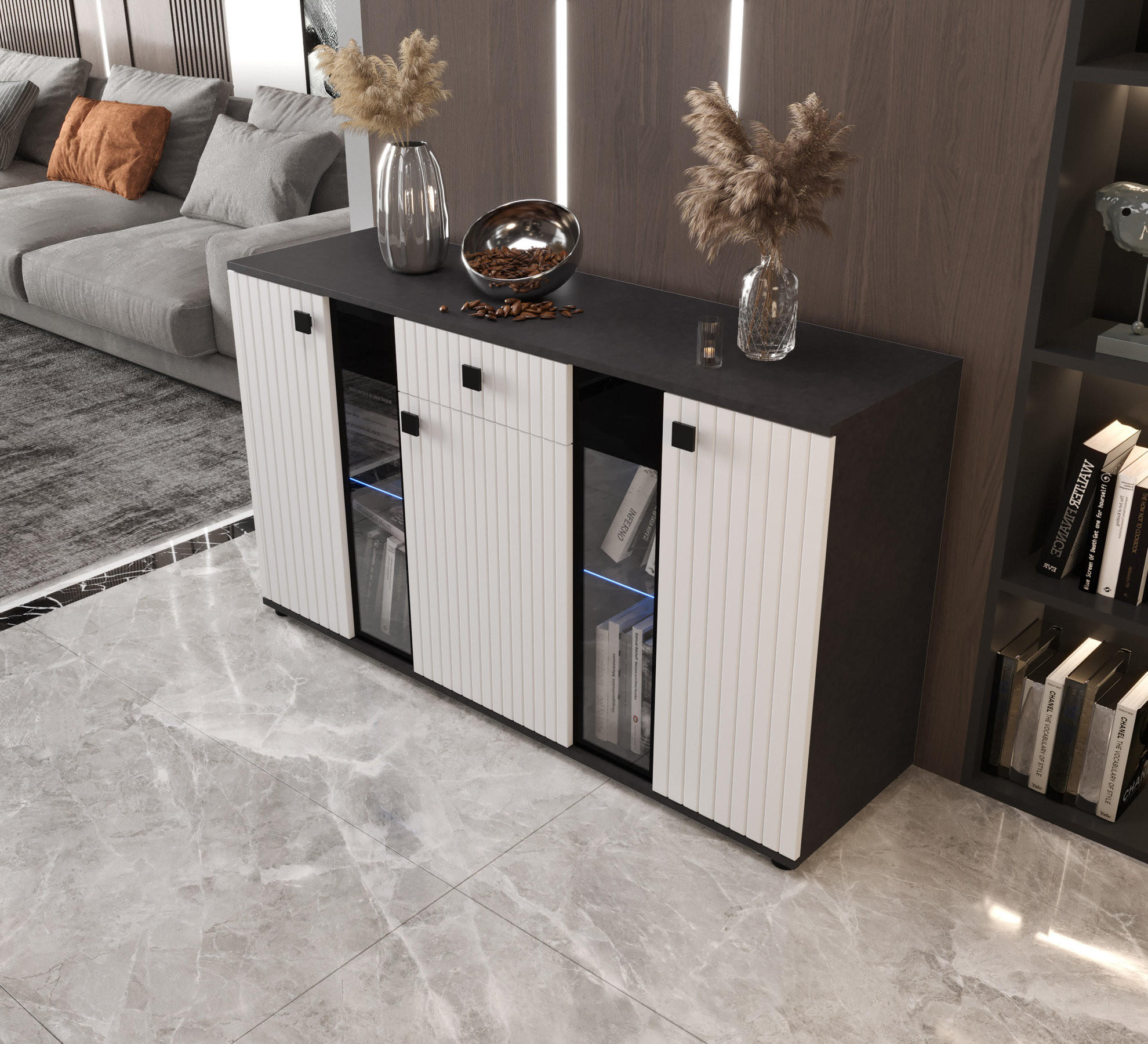 Thumbnail - O-Sofa Kommode, Weiß, Schwarz, Holzwerkstoff, 140x80x40 cm, Wohnzimmer, Kommoden & Sideboards, Kommoden