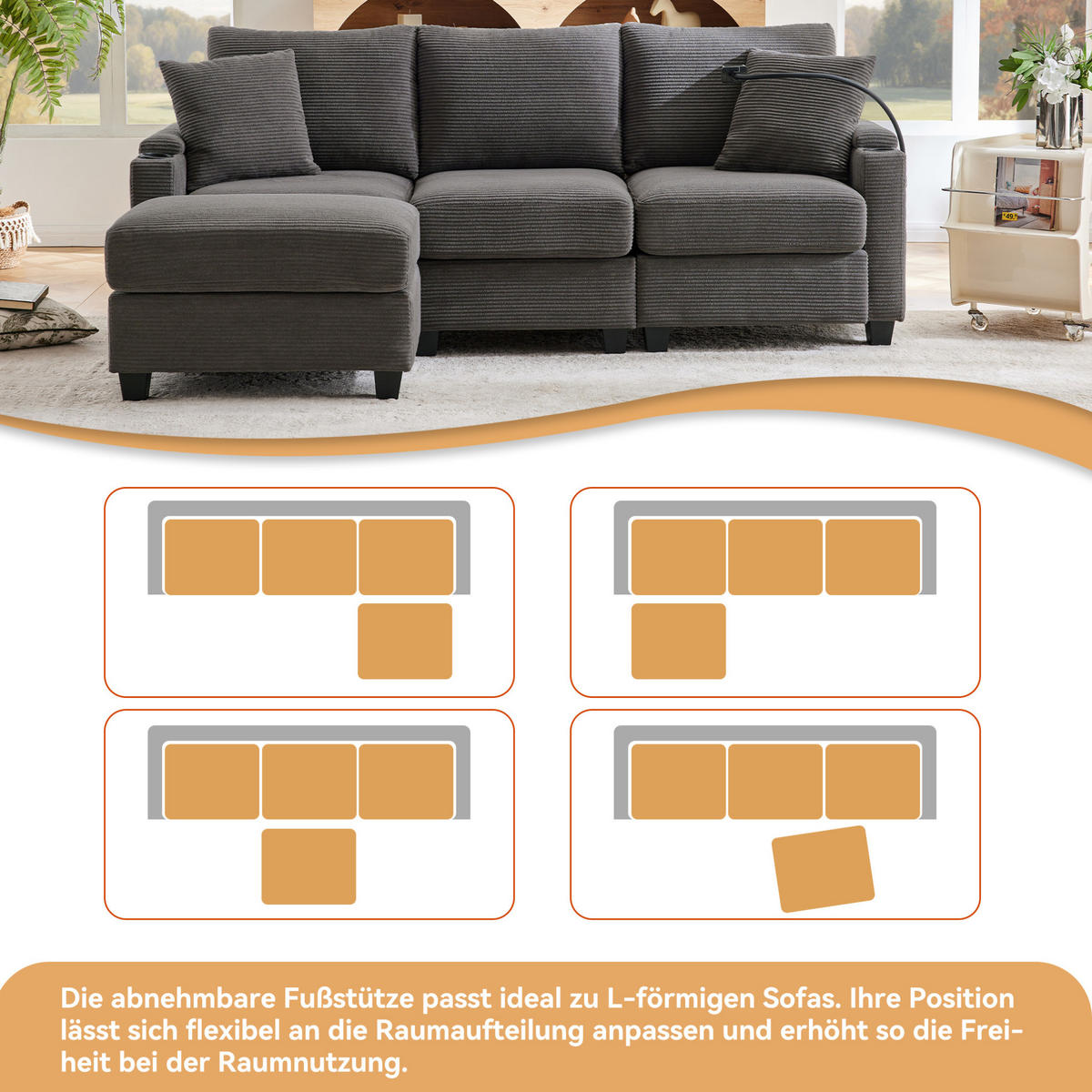 ECKSOFA 213,5/139/87 cm dunkelgrau aus Cord mit Hocker und USB - Dunkelgrau, Textil (139/213.5cm) - OKWISH