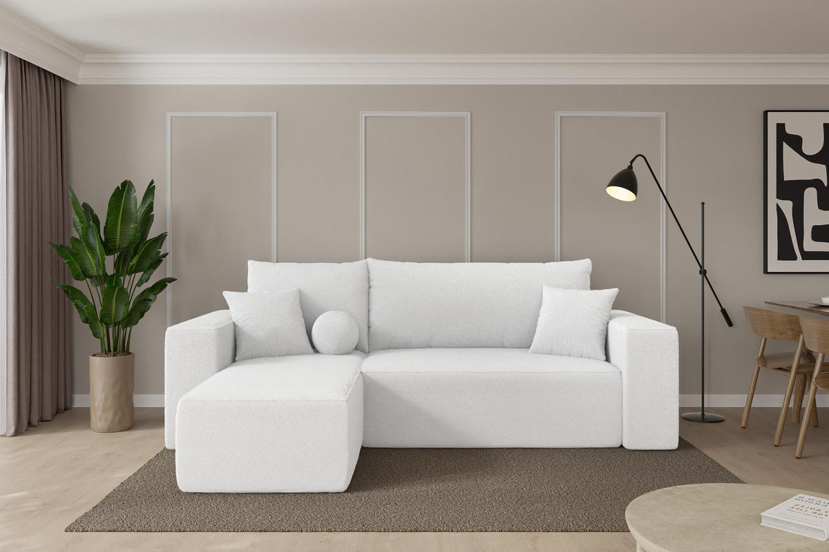 ROHOVÁ SEDAČKA s funkcí spaní, otoman vlevo SENO-L 249x139x85 bílá bouclé - bílá/černá, kompozitní dřevo/textil (249/139cm) - ALTDECOR