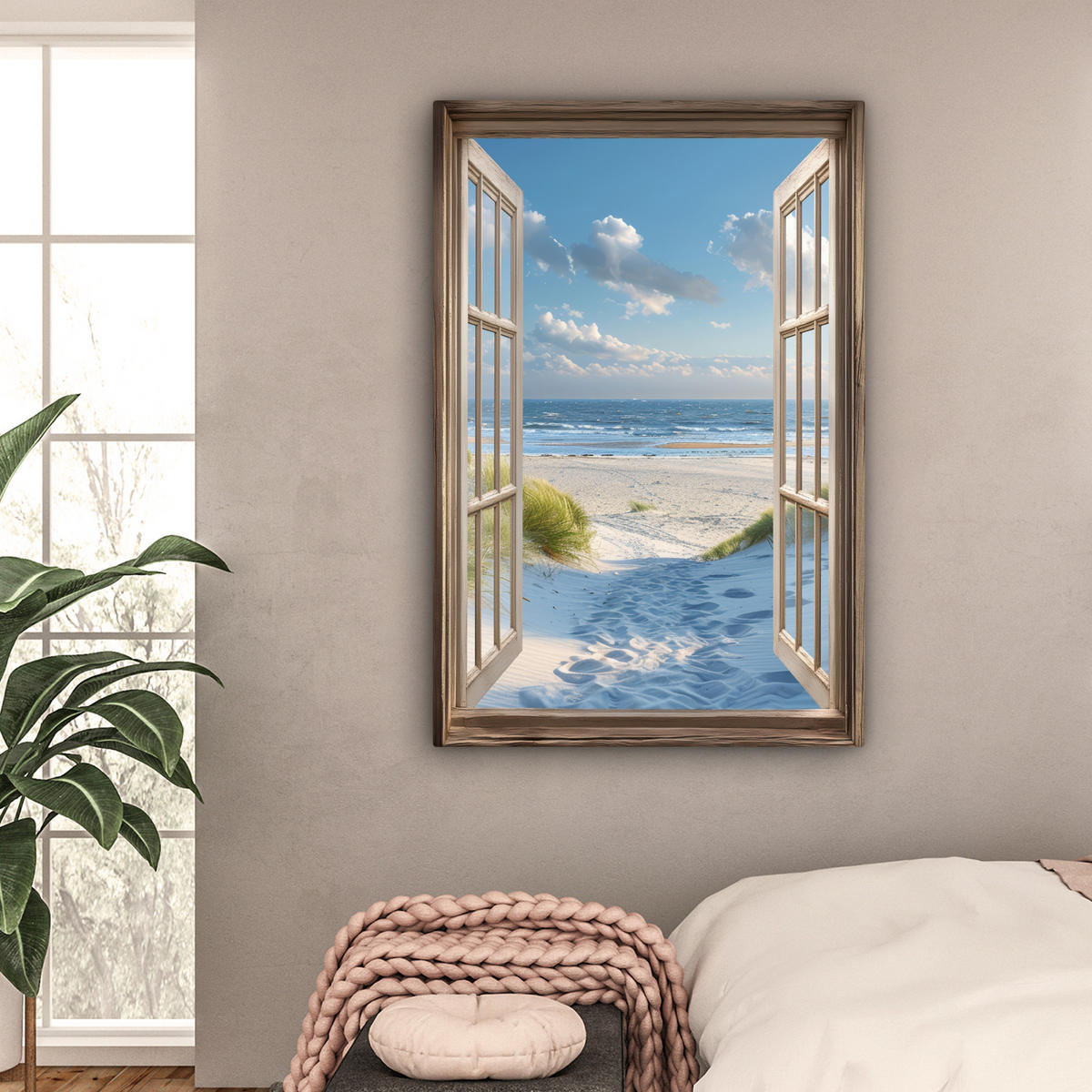 LEINWANDBILD Aussicht - Strand - Fenster - Dünen - Meer 80x120 cm - Hellblau, Textil (80/120cm) - MuchoWow