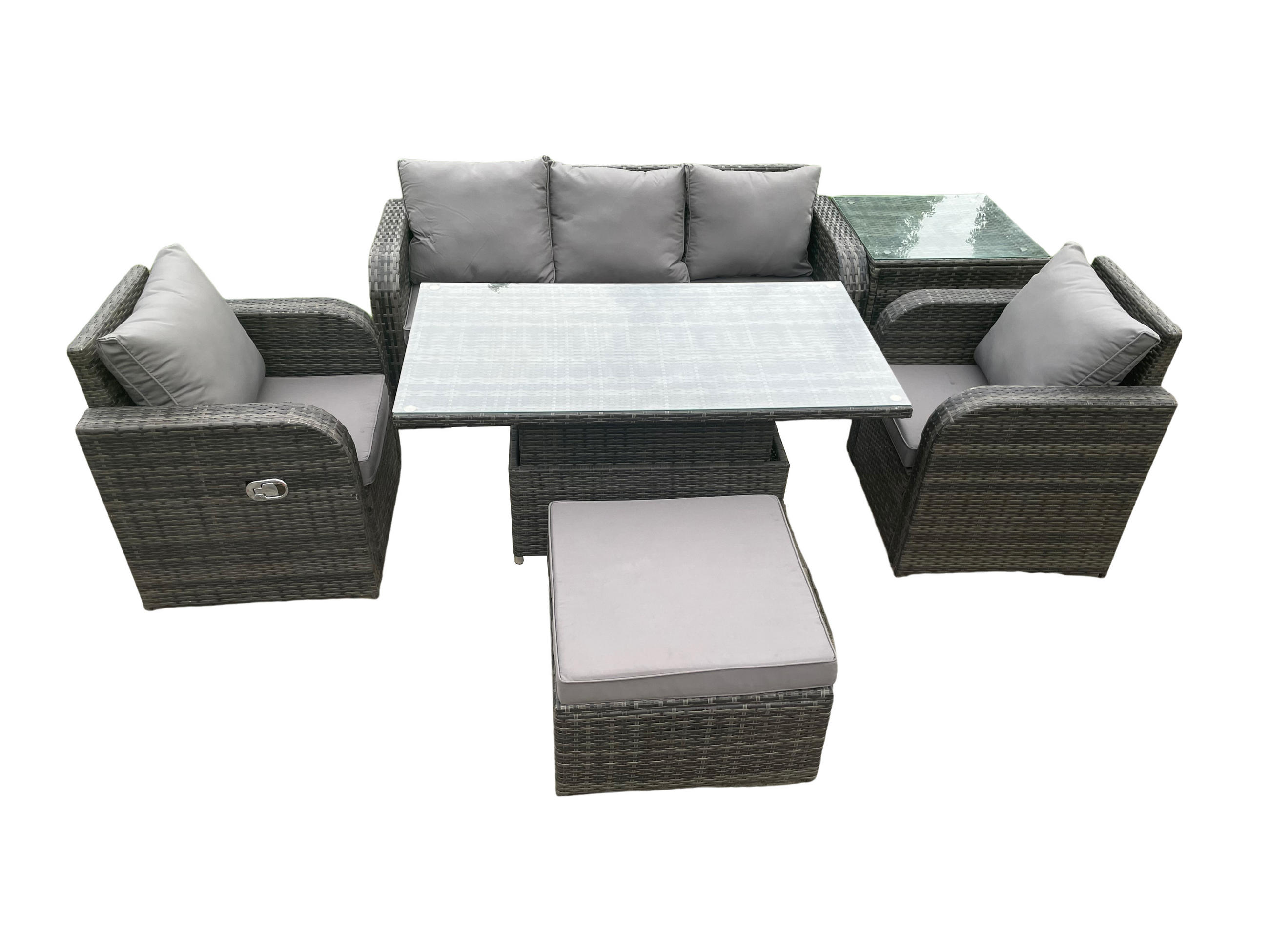 GARTENSOFA SET Polyrattan 6-Sitzer - Dunkelgrau/Grau, Glas/Kunststoff - Fimous
