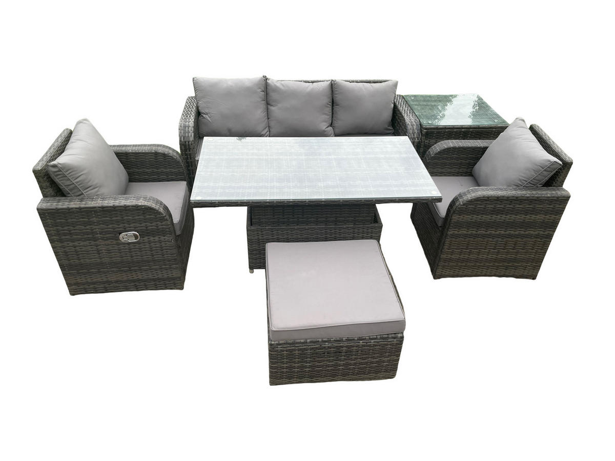GARTENSOFA SET Polyrattan 6-Sitzer - Dunkelgrau/Grau, Glas/Kunststoff - Fimous