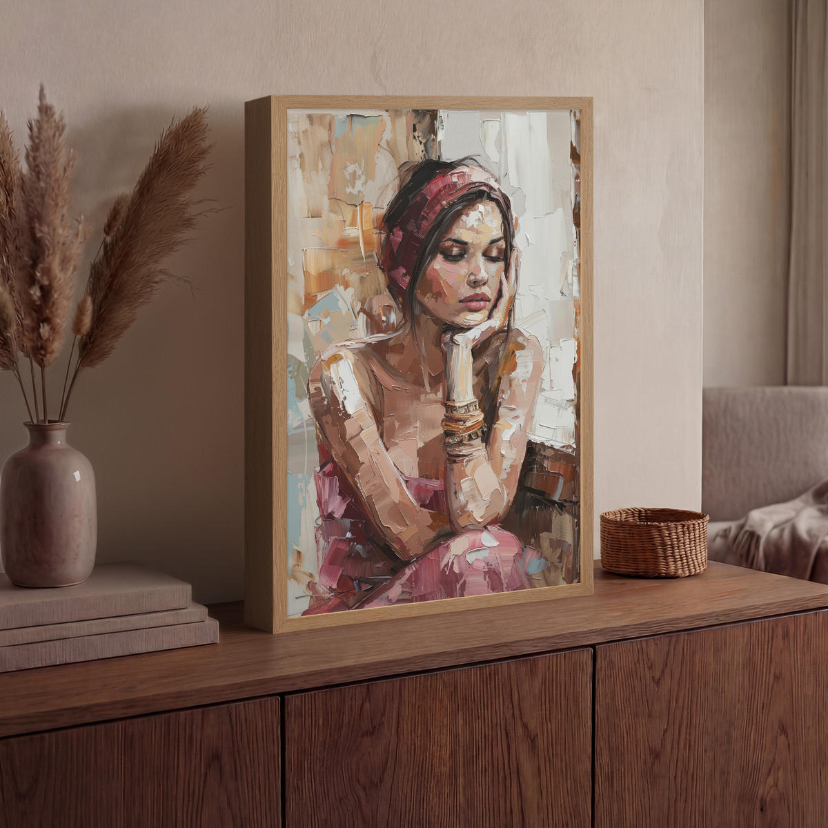 NÁSTĚNNÁ LAMPA S AKUMULÁTOREM Žena - vzhled malby - portrét - moderní 40x60 cm - hnědá, kompozitní dřevo (40/60/8cm) - OnlyWow