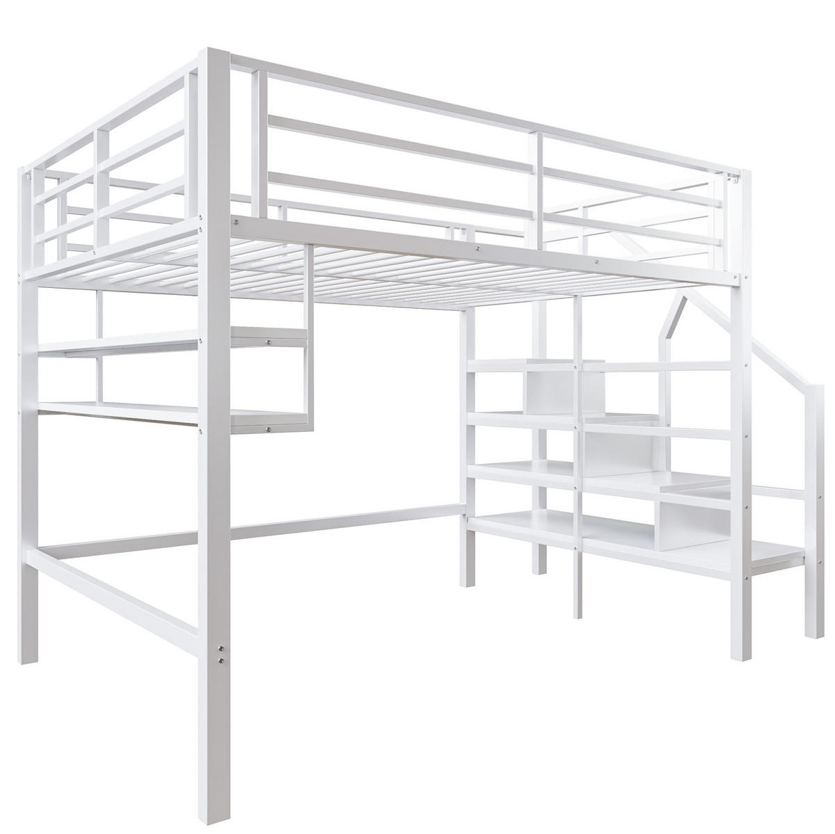 VYSOKÁ postel 140/200 cm bílá s policemi a úložným žebříkem z kovu a MDF - bílá, kov (140/200cm) - OKWISH