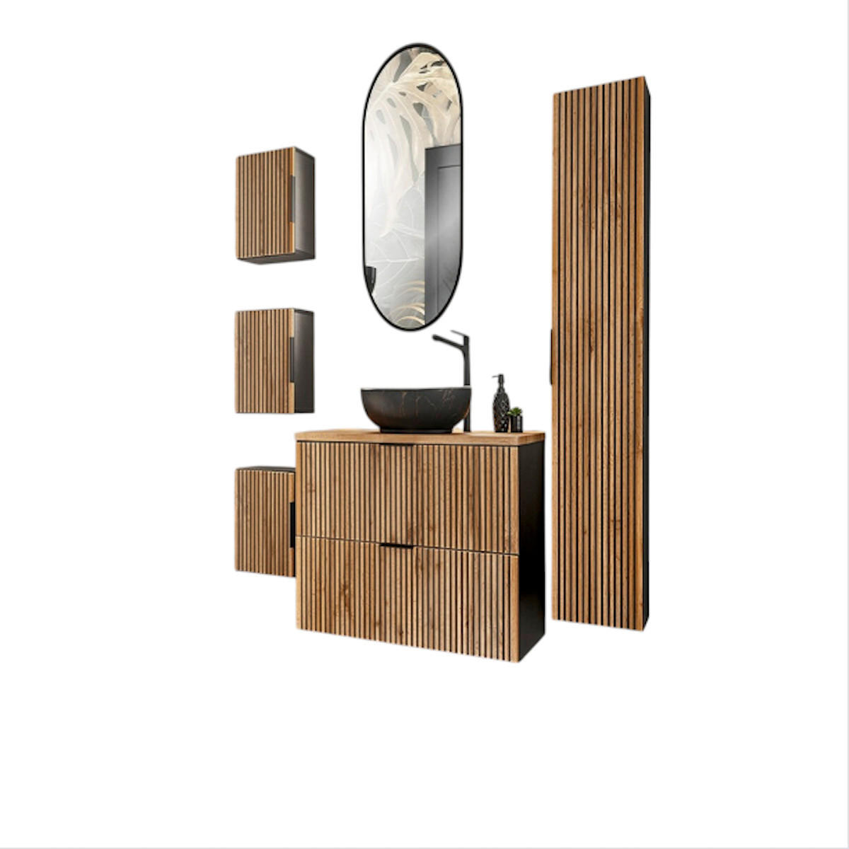 BADMÖBEL-SET 8 Teile - Xilo X BM04 in Wotan Oak/Gray Rock - Eiche Wotan/Schwarz, Holz/Metall (100/140/46.5cm)