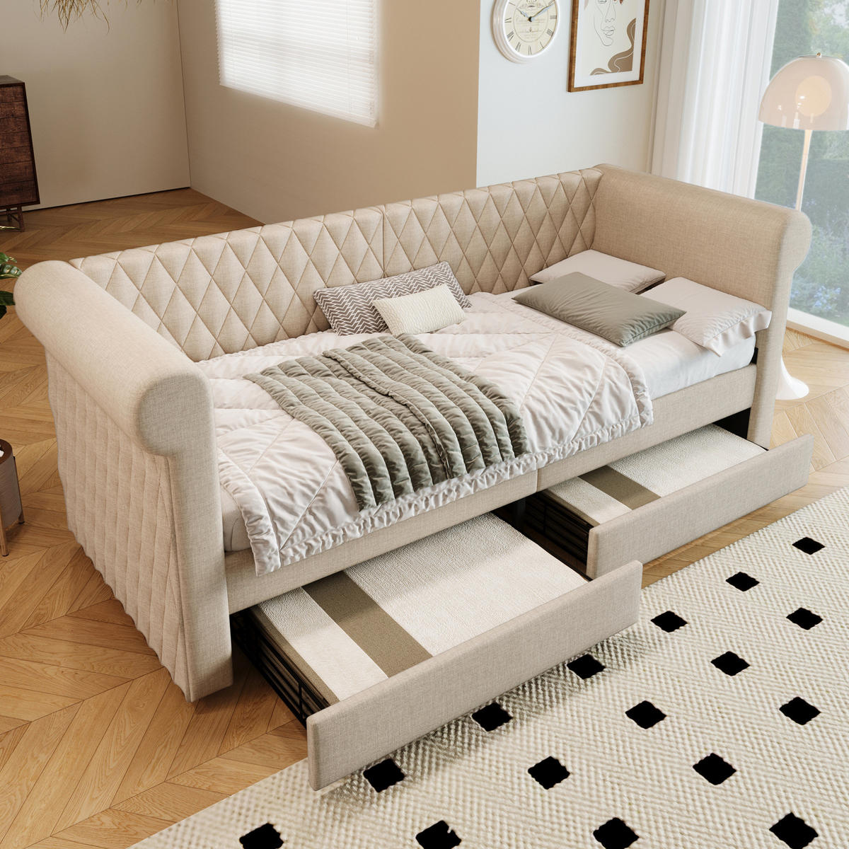 POLSTERBETT 90/200 cm aus Leinen mit 2 Schubladen, Beige - Beige, Textil (90/200cm) - Flora Grace