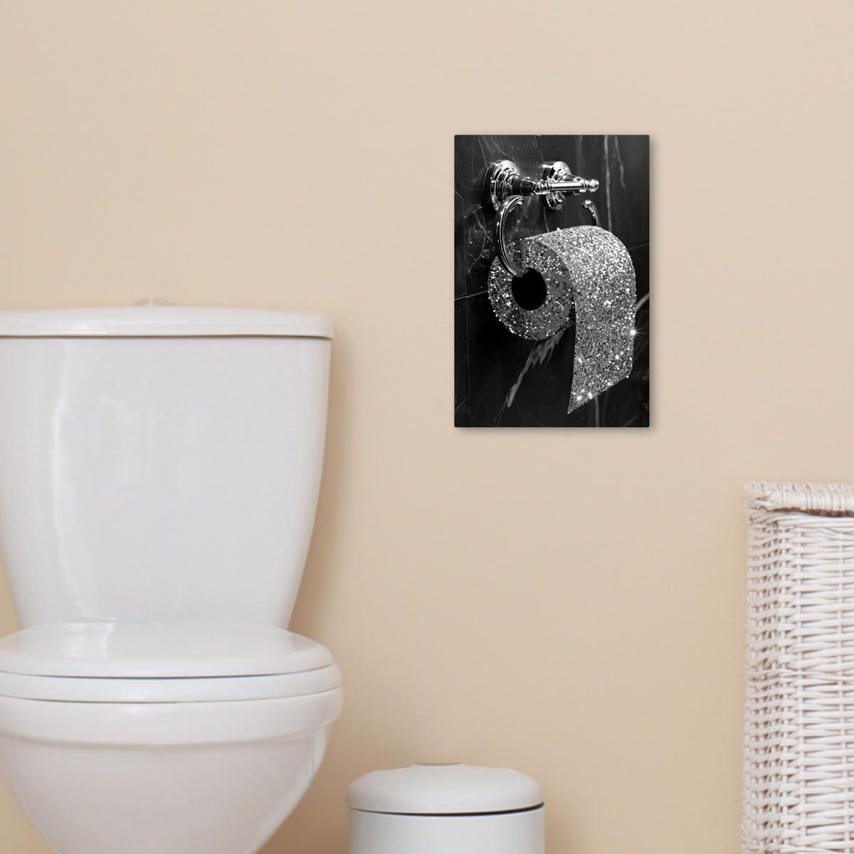 LEINWANDBILD WC - Toilettenpapier - Schwarz und weiß - Glitter 20x30 cm - Silberfarben, Textil (20/30cm) - MuchoWow