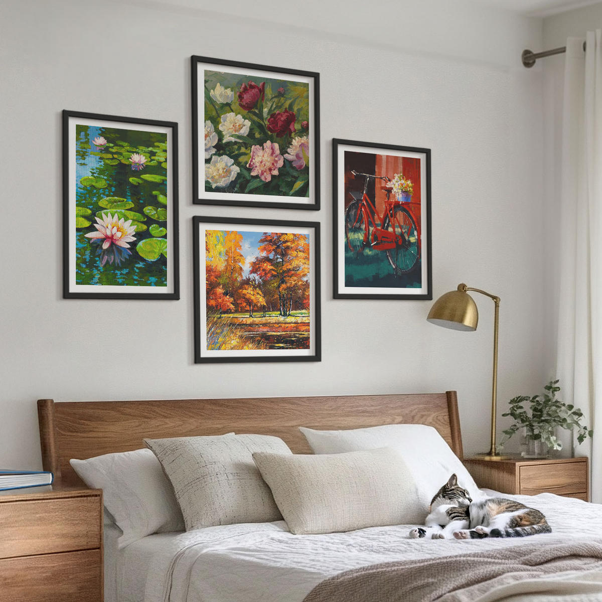 WANDBILDER 4er-Set - 50x50 cm & 40x60 cm Schwarzer Rahmen - Seerosen, Fahrradblumen - Schwarz, Kunststoff (50/50cm) - ArtPrintCave