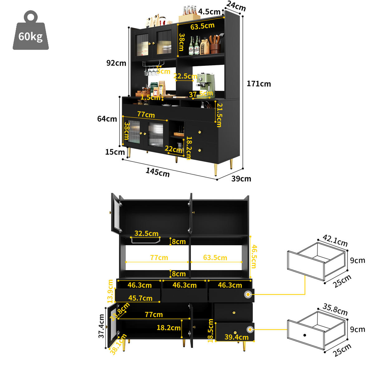 VISOKA komoda 145/39/171 cm z rebrastimi steklenimi vrati, regalom za vinske kozarce in večnivojskim shranjevanjem, Črna - črna, leseni material (145/171/39cm) - Redom