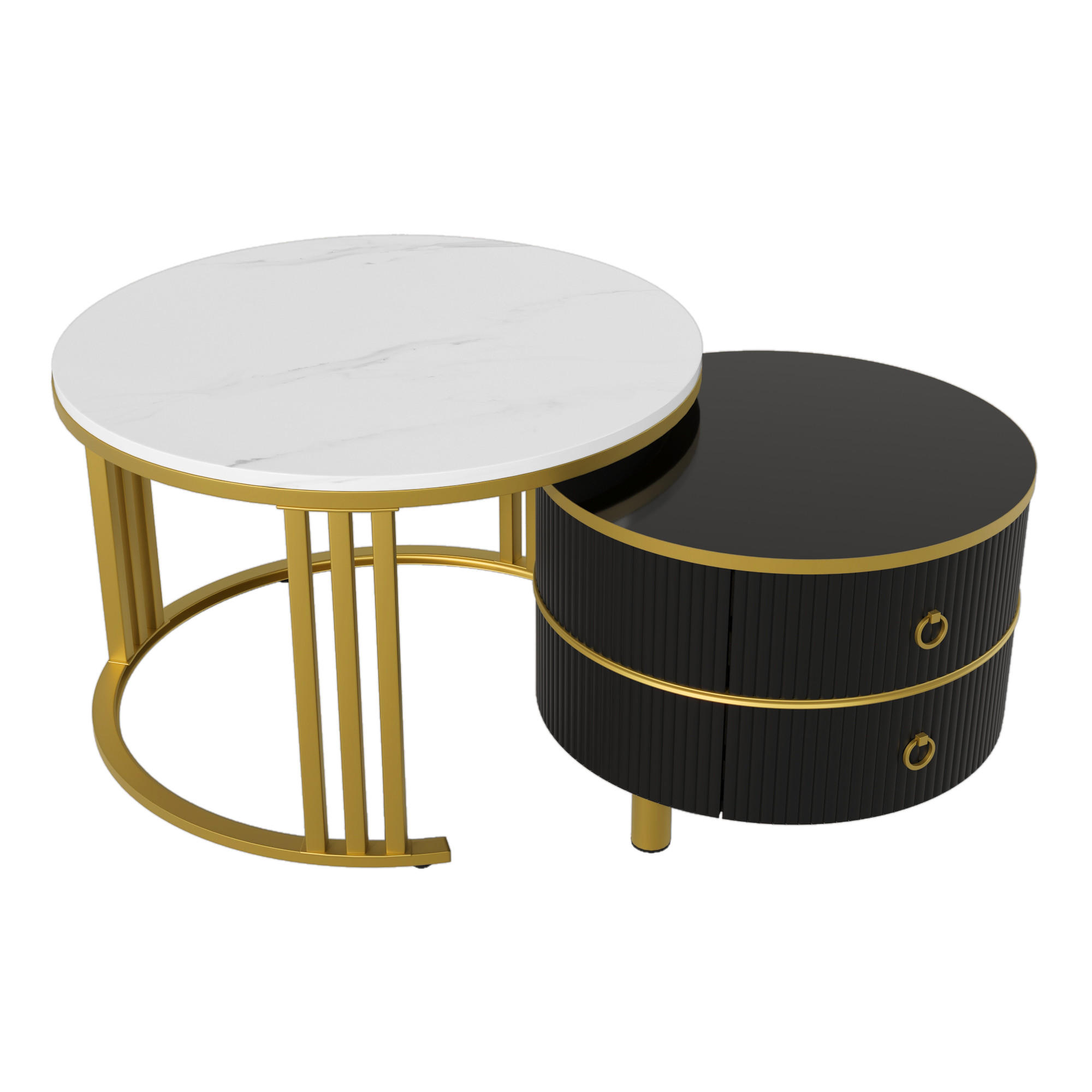 COUCHTISCH Rund 2er-Set MDF mit Marmorplatte und 2 Schubladen - Schwarz, Holzwerkstoff (70/70/46cm) - Korfee
