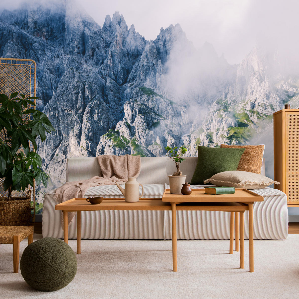 FOTOTAPETE für Wohnzimmer Felsige Berge Nebel Moos 500x350 - Blau/Weiß, Papier (500/350cm) - Muralo