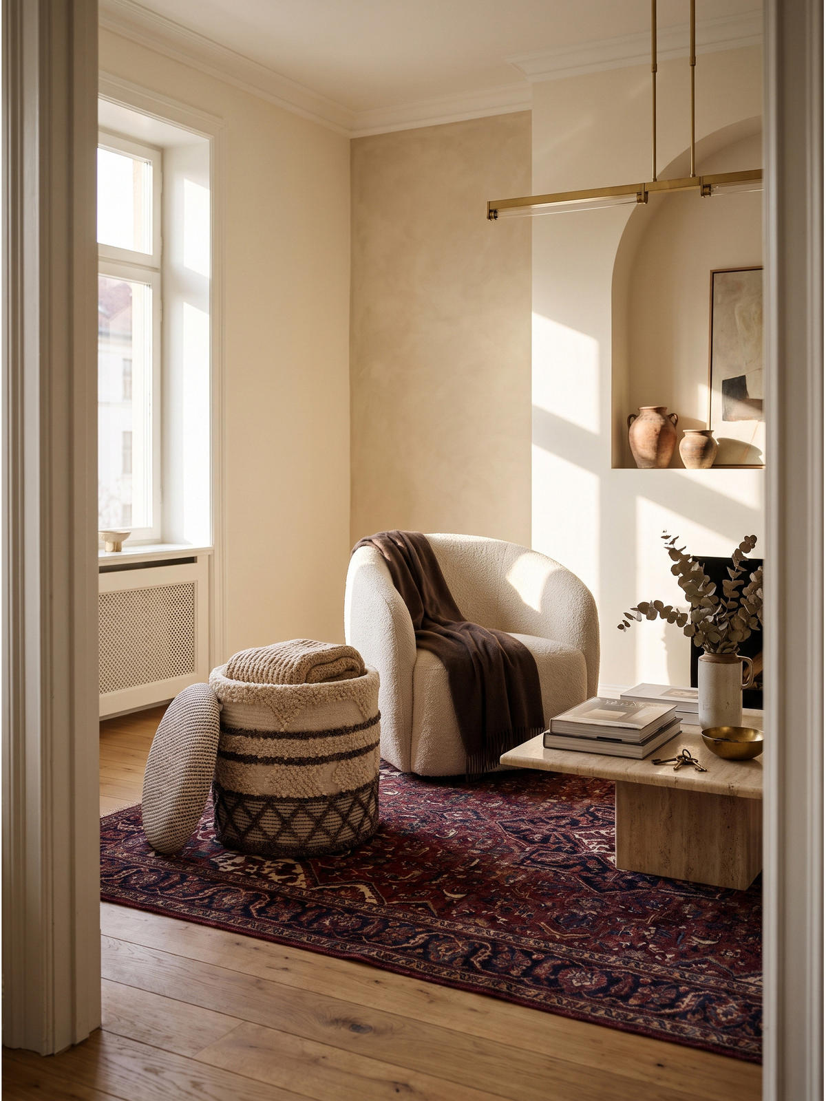SITZHOCKER RHONE, Stoff, mit Textilbezug, mit Rauten, Beige-Braun, Ø 40 x 45 cm - Beige, Textil (40/45/40cm) - KADIMA DESIGN